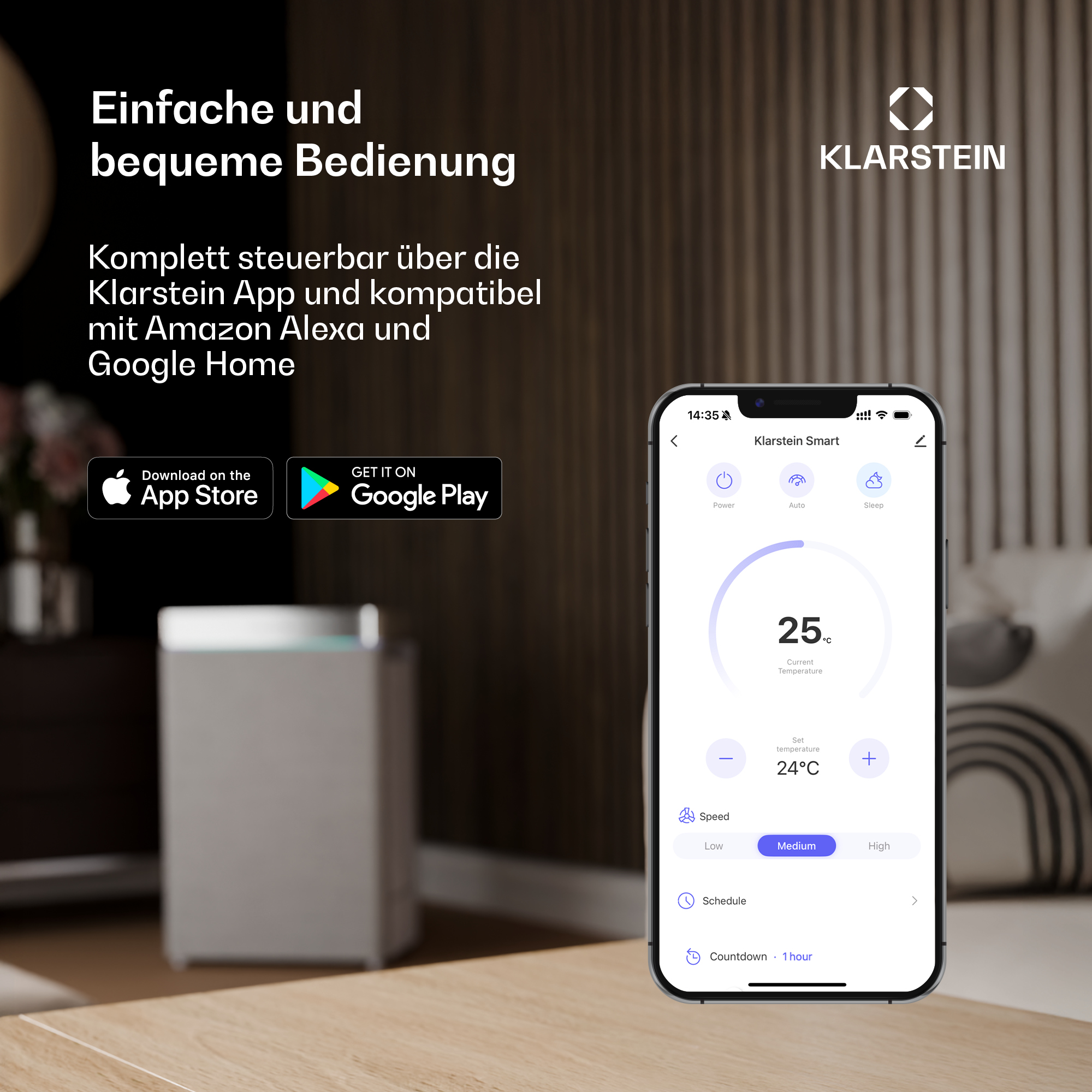 Uno smartphone mostra l'app Klarstein Smart, con un dispositivo Klarstein sfocato sullo sfondo.