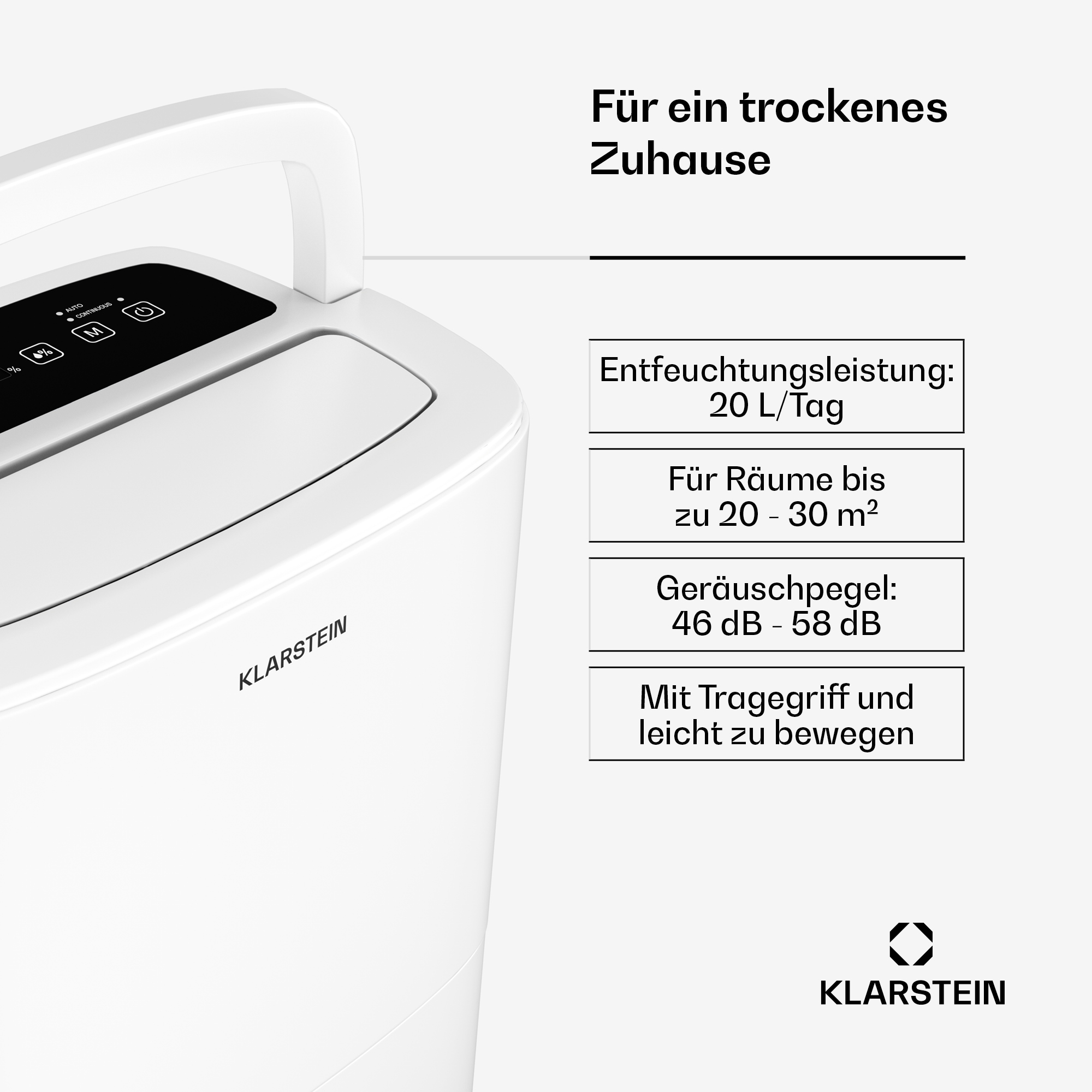 Deumidificatore Klarstein bianco con maniglia e specifiche.
