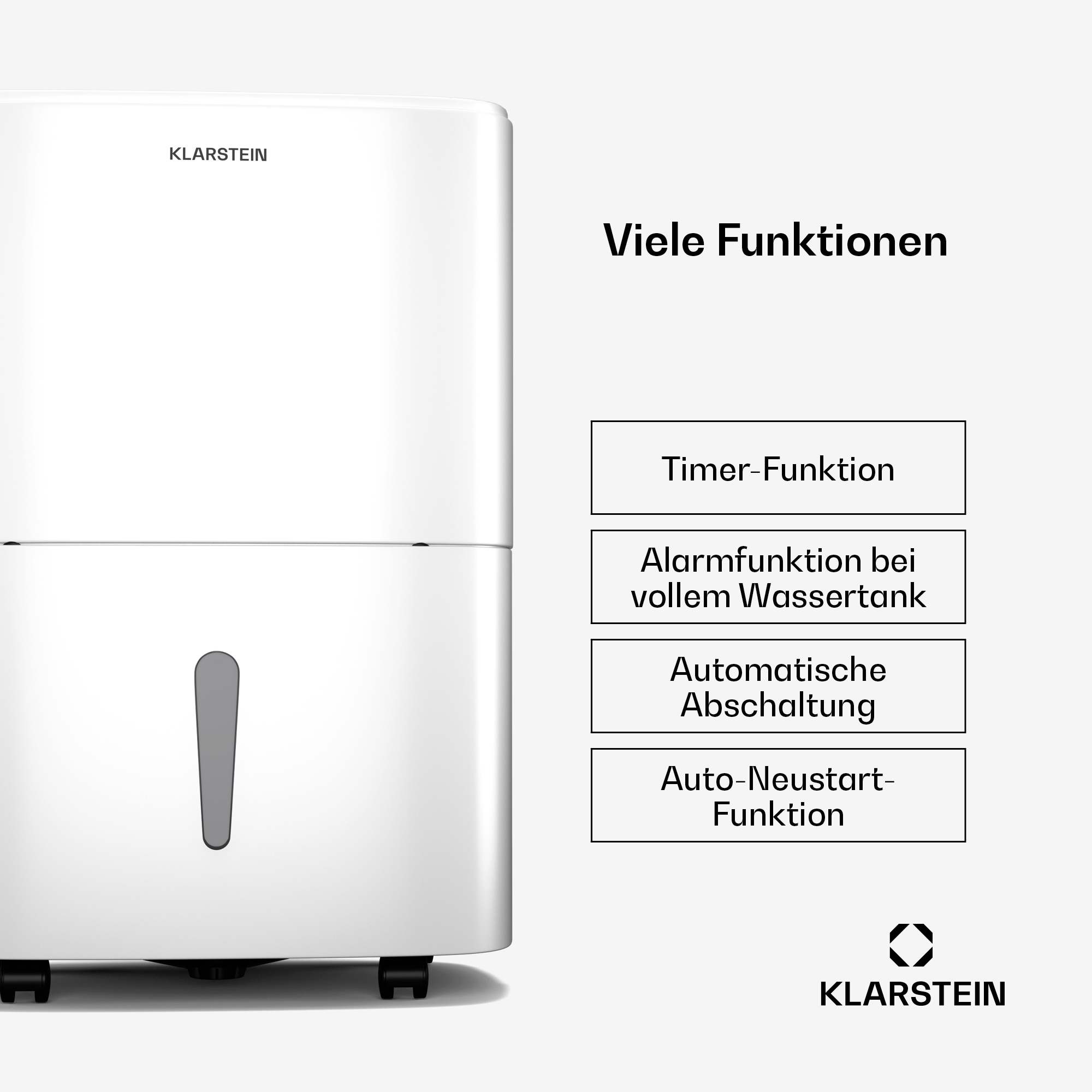 Deumidificatore Klarstein bianco con funzioni a destra e logo in basso.