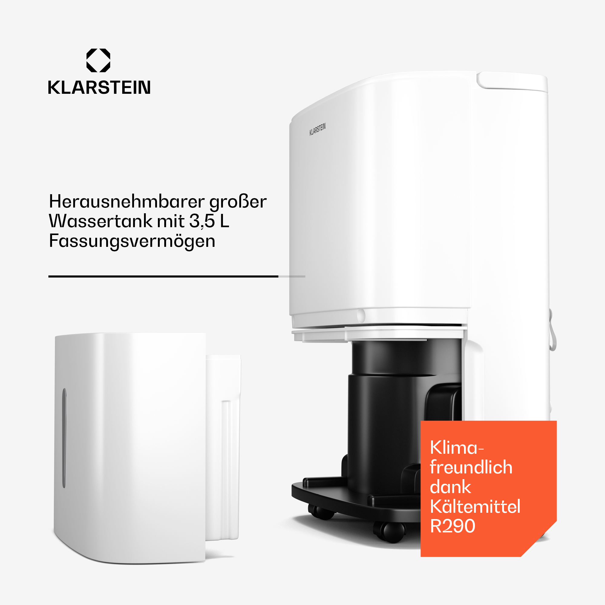 Deumidificatore Klarstein bianco con serbatoio d'acqua estraibile da 3,5L e refrigerante R290.