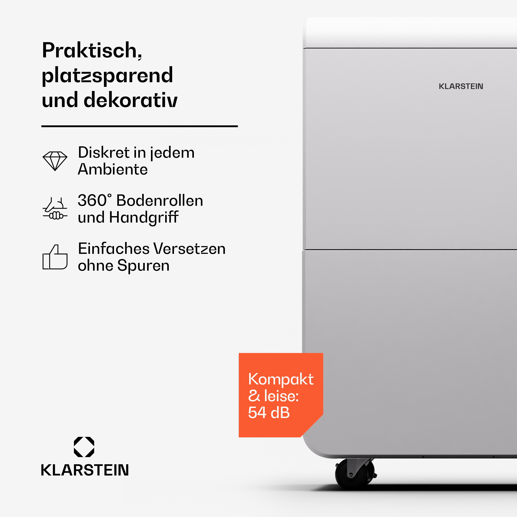 Immagine promozionale di un deumidificatore Klarstein bianco con testo e icone a sinistra.
