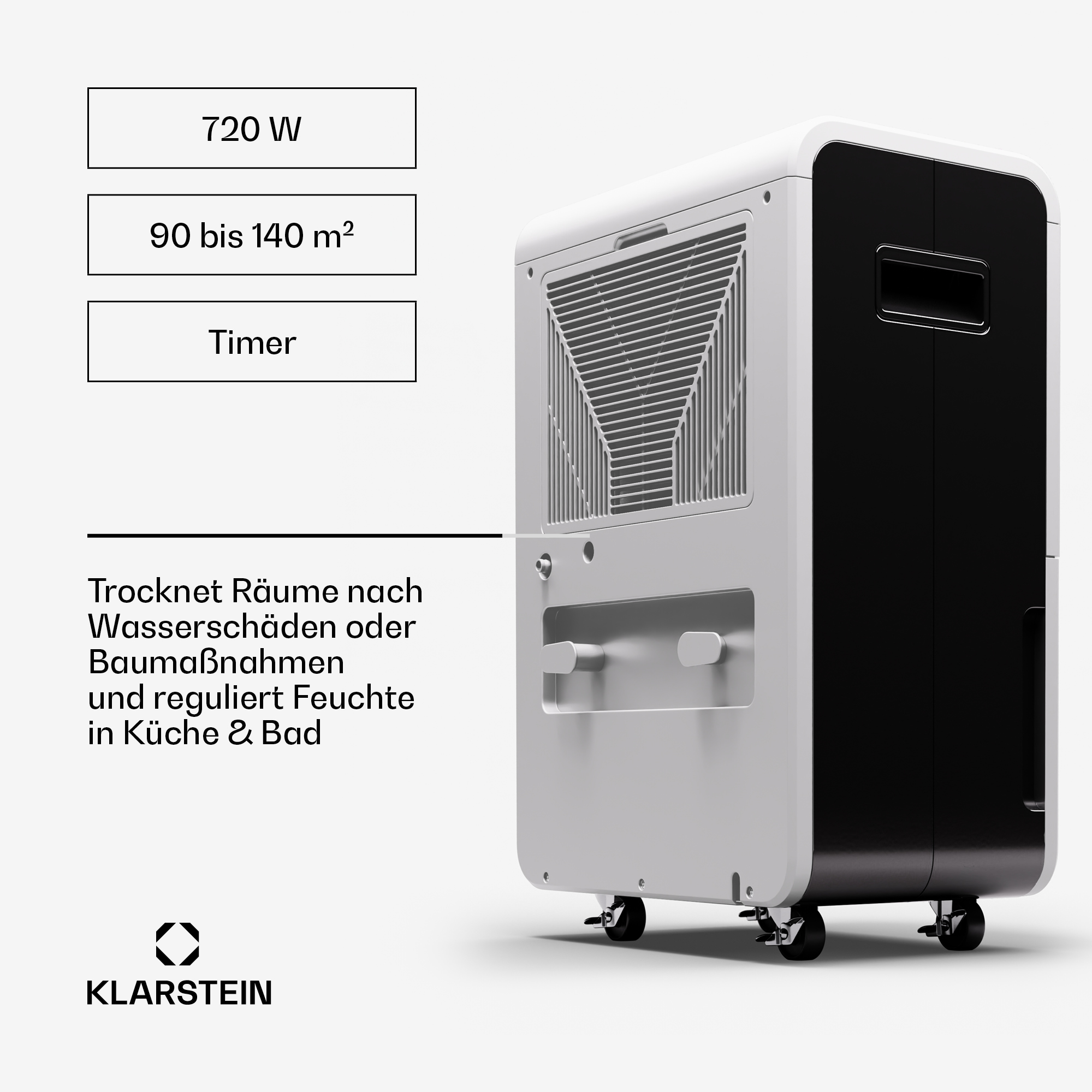 Deumidificatore Klarstein bianco e nero con ruote, riquadri di testo e specifiche su sfondo grigio chiaro.