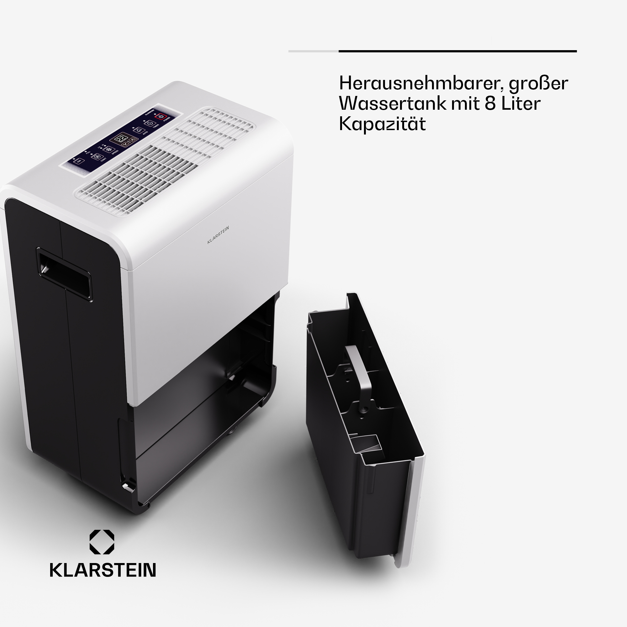 Deumidificatore Klarstein bianco con serbatoio dell'acqua rimovibile da 8 litri su sfondo bianco.