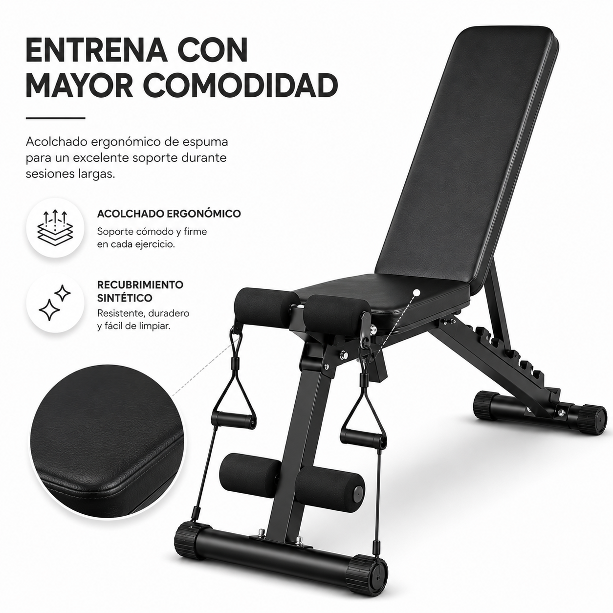 Banco de pesas ajustable negro con acolchado de espuma y bandas de resistencia sobre fondo blanco.