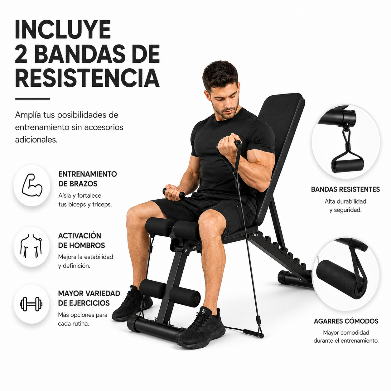 Un hombre con ropa deportiva negra usa bandas de resistencia en un banco de pesas, rodeado de texto.