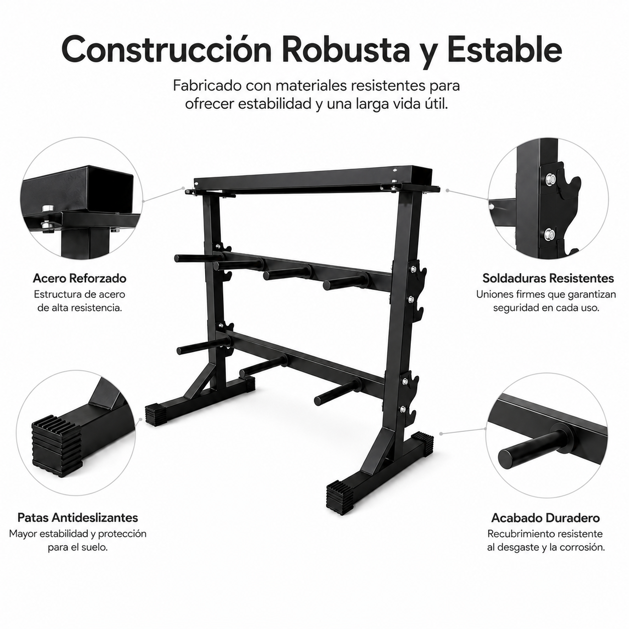 Un soporte de pesas negro con círculos de detalle que muestran acero reforzado, soldaduras fuertes y patas antideslizantes.