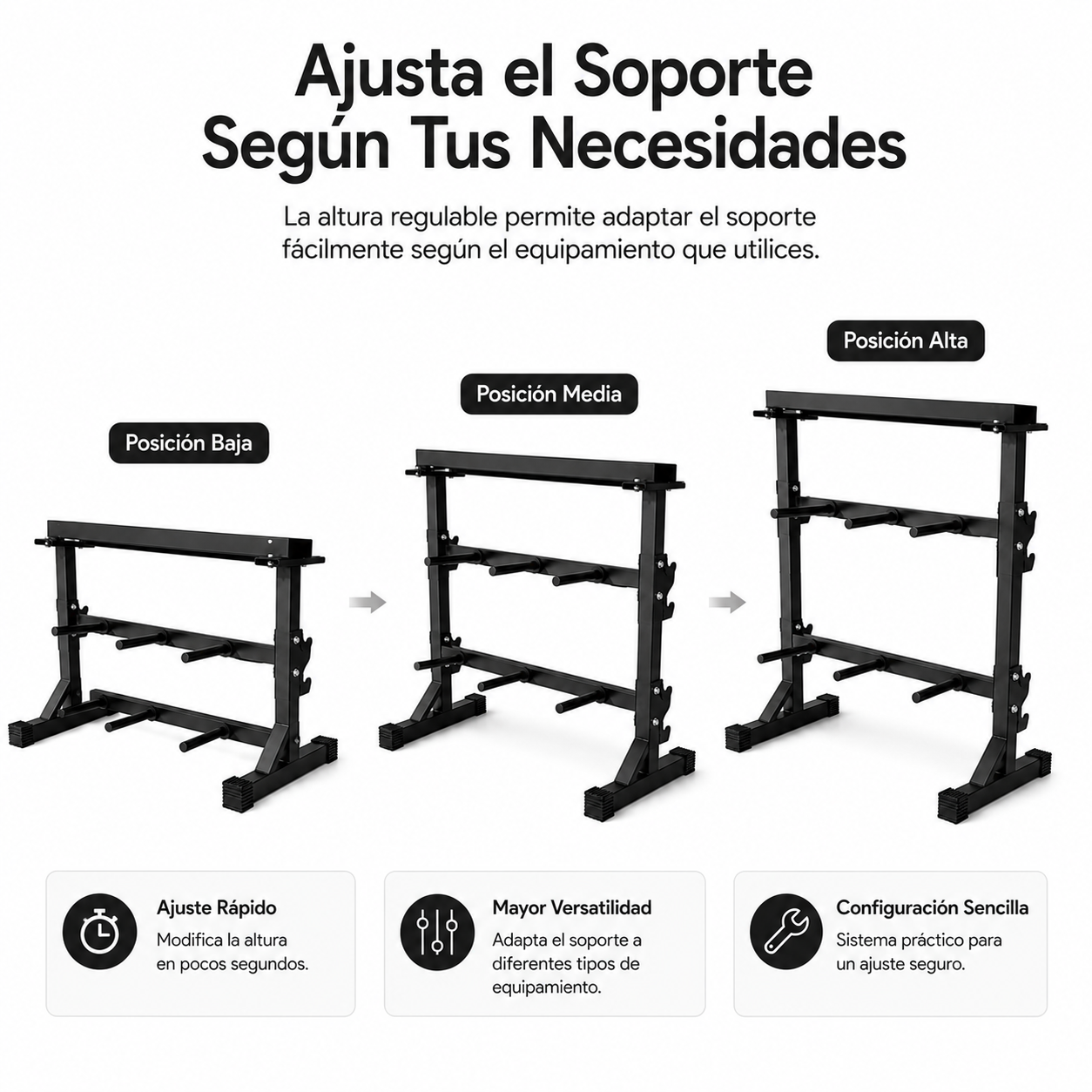 Un soporte para mancuernas negro ajustable mostrado en baja, media y alta altura con descripciones.
