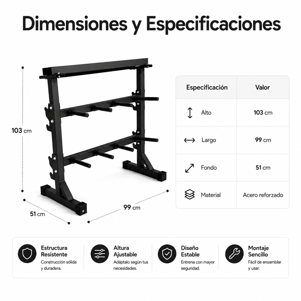 Diagrama que muestra dimensiones y especificaciones de un soporte negro para mancuernas, incluyendo alto, largo, fondo y material.