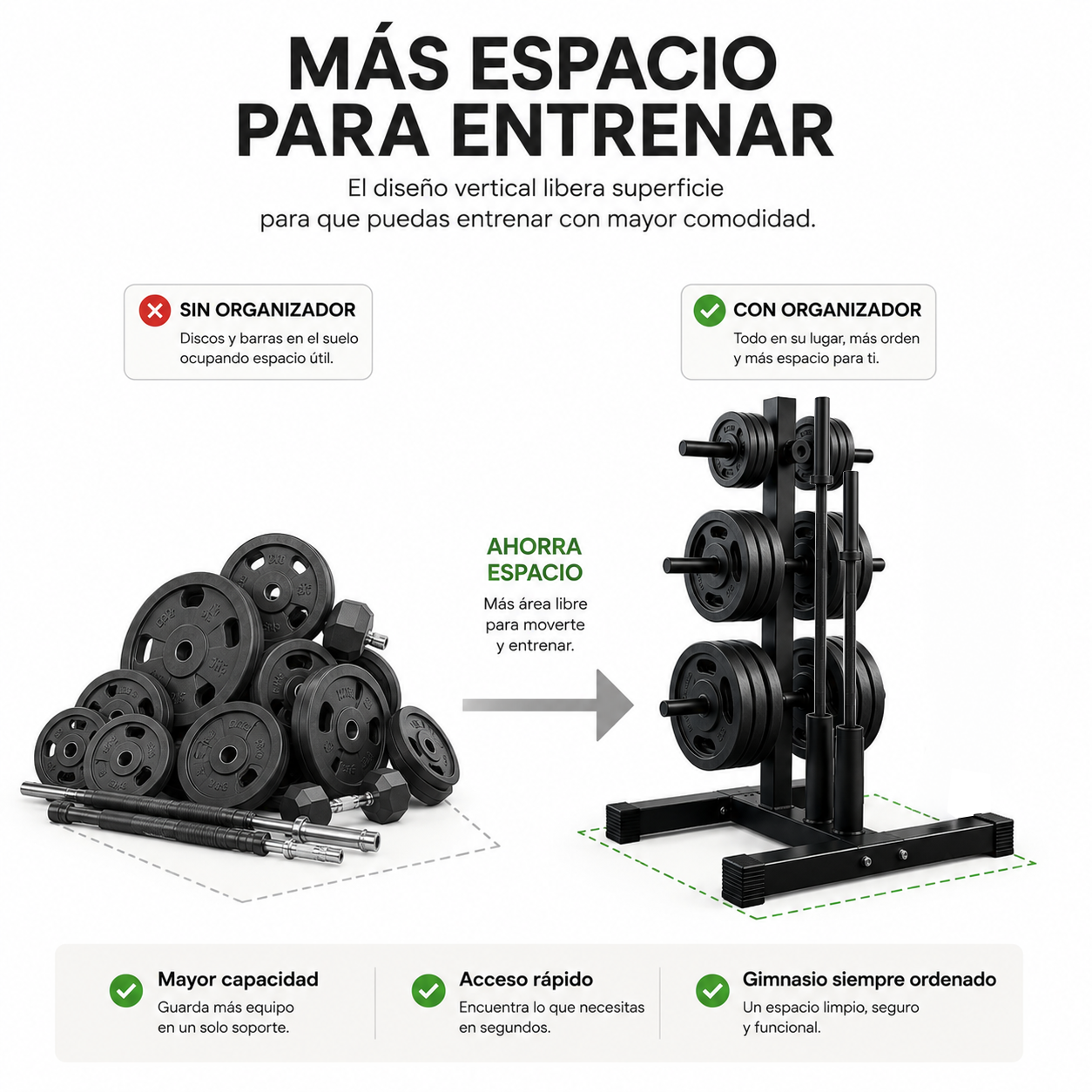 Comparación de discos de peso desordenados en el suelo frente a un soporte vertical organizado.