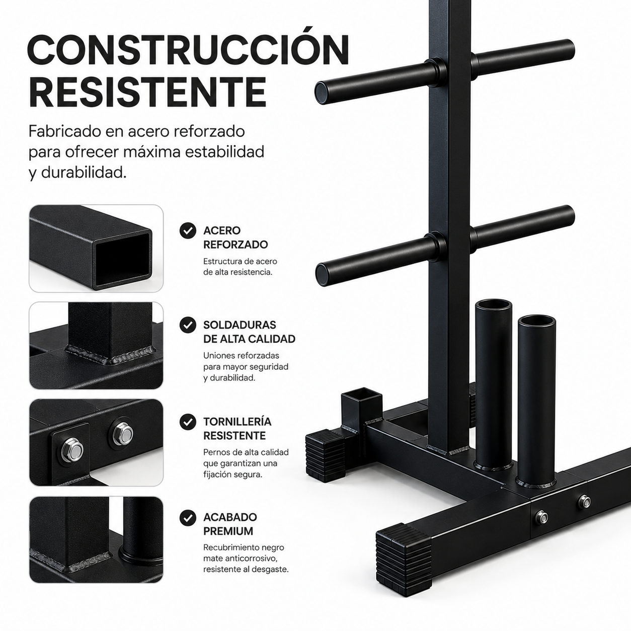 Estructura de acero de un equipo de fitness con cuatro primeros planos y texto en español.