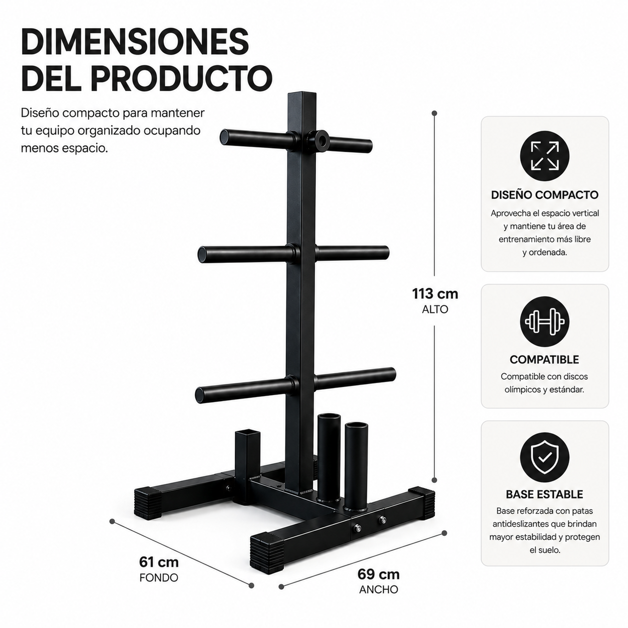 Soporte negro para discos con dimensiones: 113 cm de alto, 69 cm de ancho, 61 cm de fondo y tres recuadros de características.