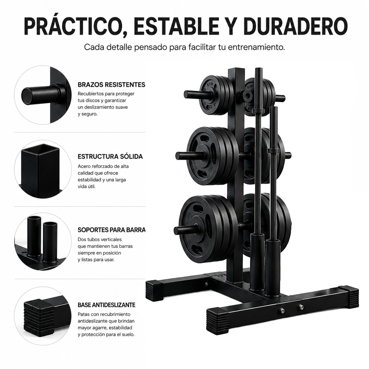 Soporte negro para discos y barras con llamadas de características en primer plano.