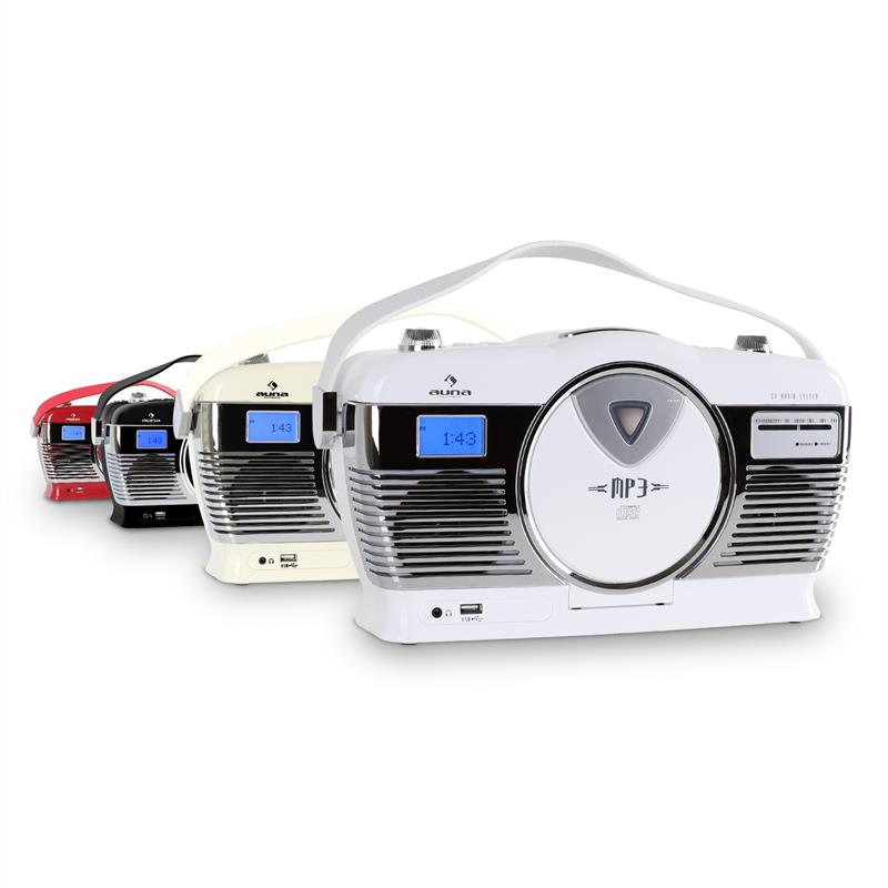 Vier Retro-Boomboxes in Weiß, Creme, Schwarz und Rot auf weißem Hintergrund.