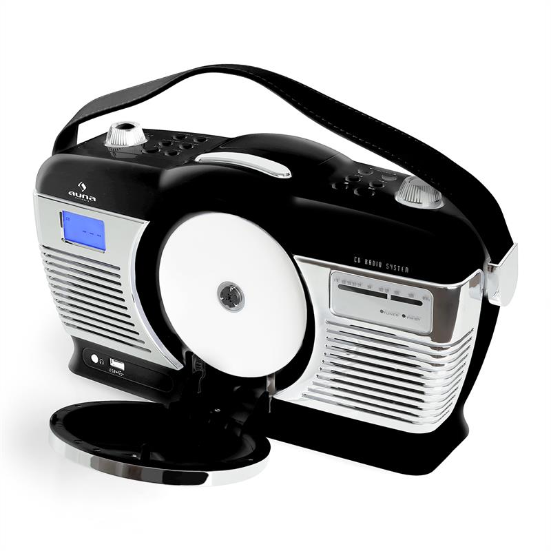 Schwarzes und silbernes tragbares CD-Radio mit offenem CD-Fach und Tragegurt auf weißem Hintergrund.