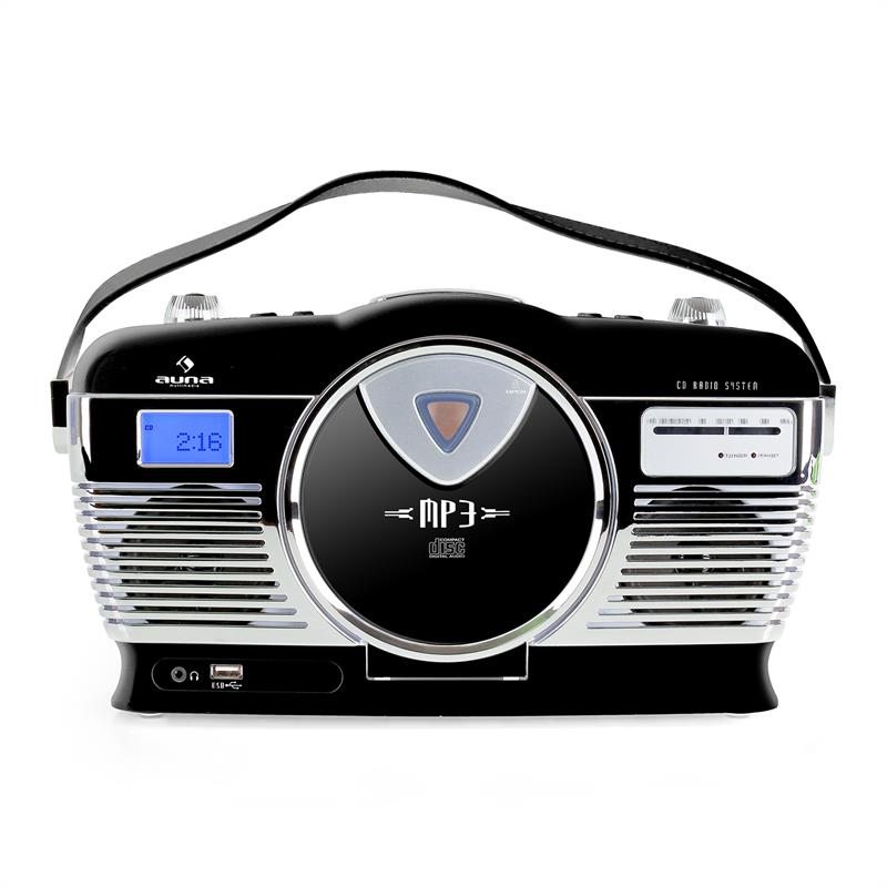 Ein schwarzer retro CD-Radio-Player mit Chromakzenten und Display.