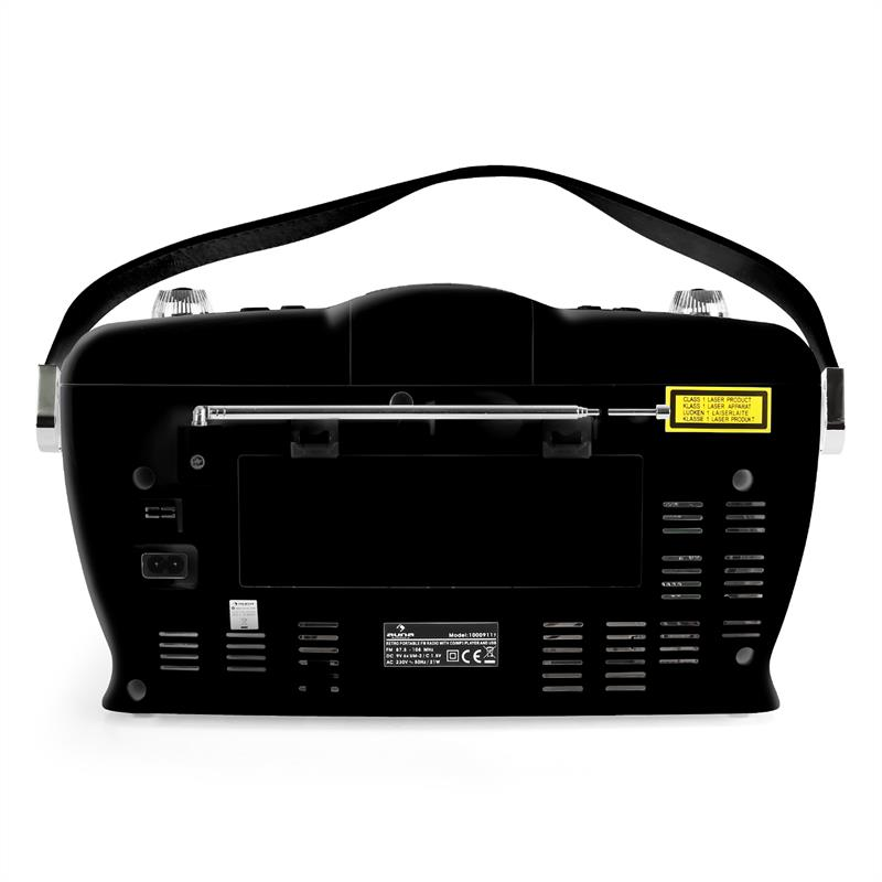 Rückansicht eines schwarzen Retro-Radios mit Griff, Antenne und Lüftungsschlitzen vor weißem Hintergrund.