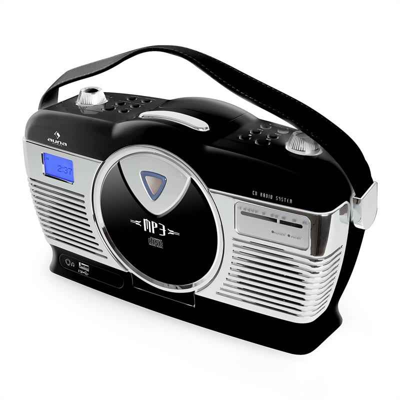 Schwarzes und silbernes tragbares CD-Radio mit MP3-Logo, digitalem Display und Tragegriff auf weißem Hintergrund.