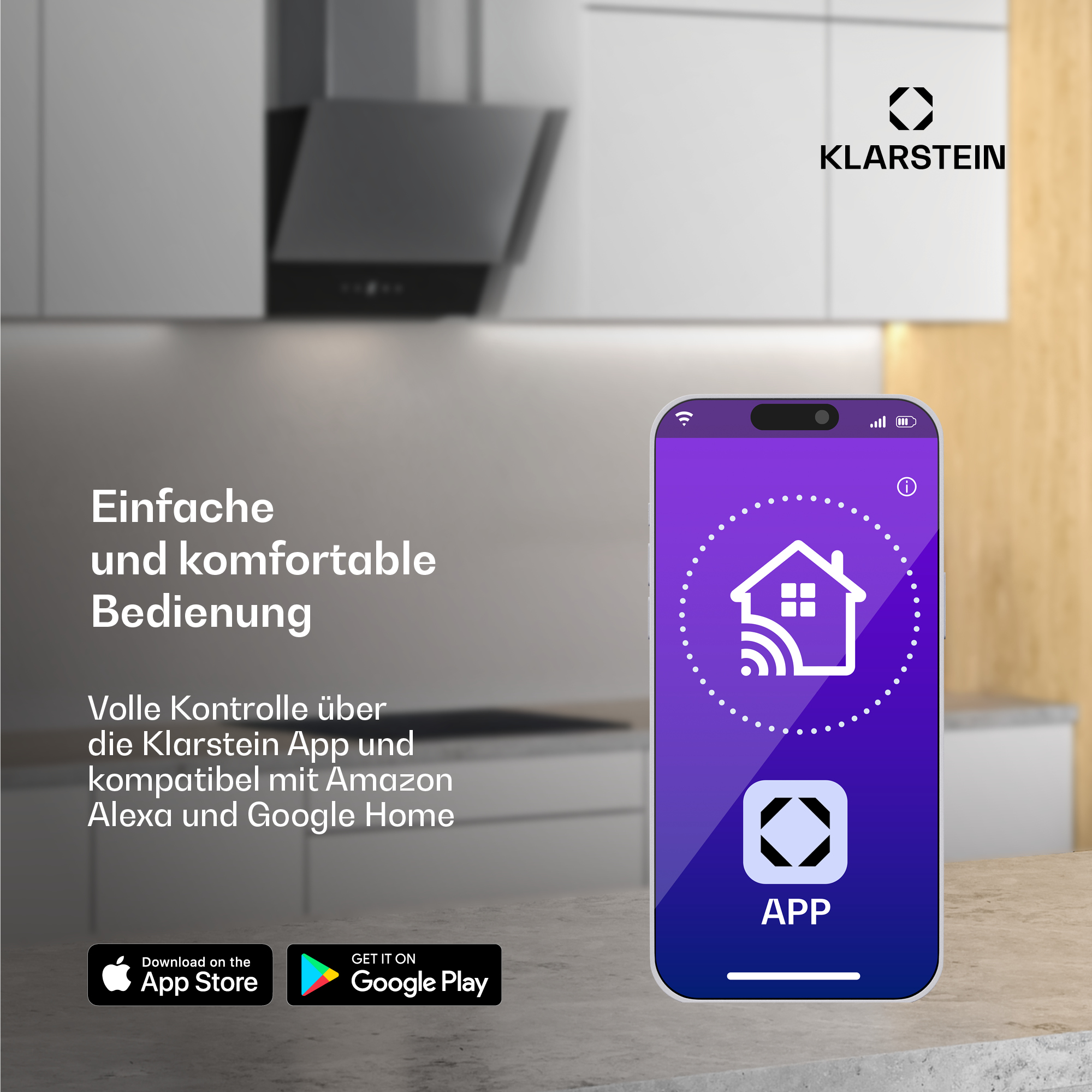 Smartphone con app Klarstein in cucina moderna per controllo smart.