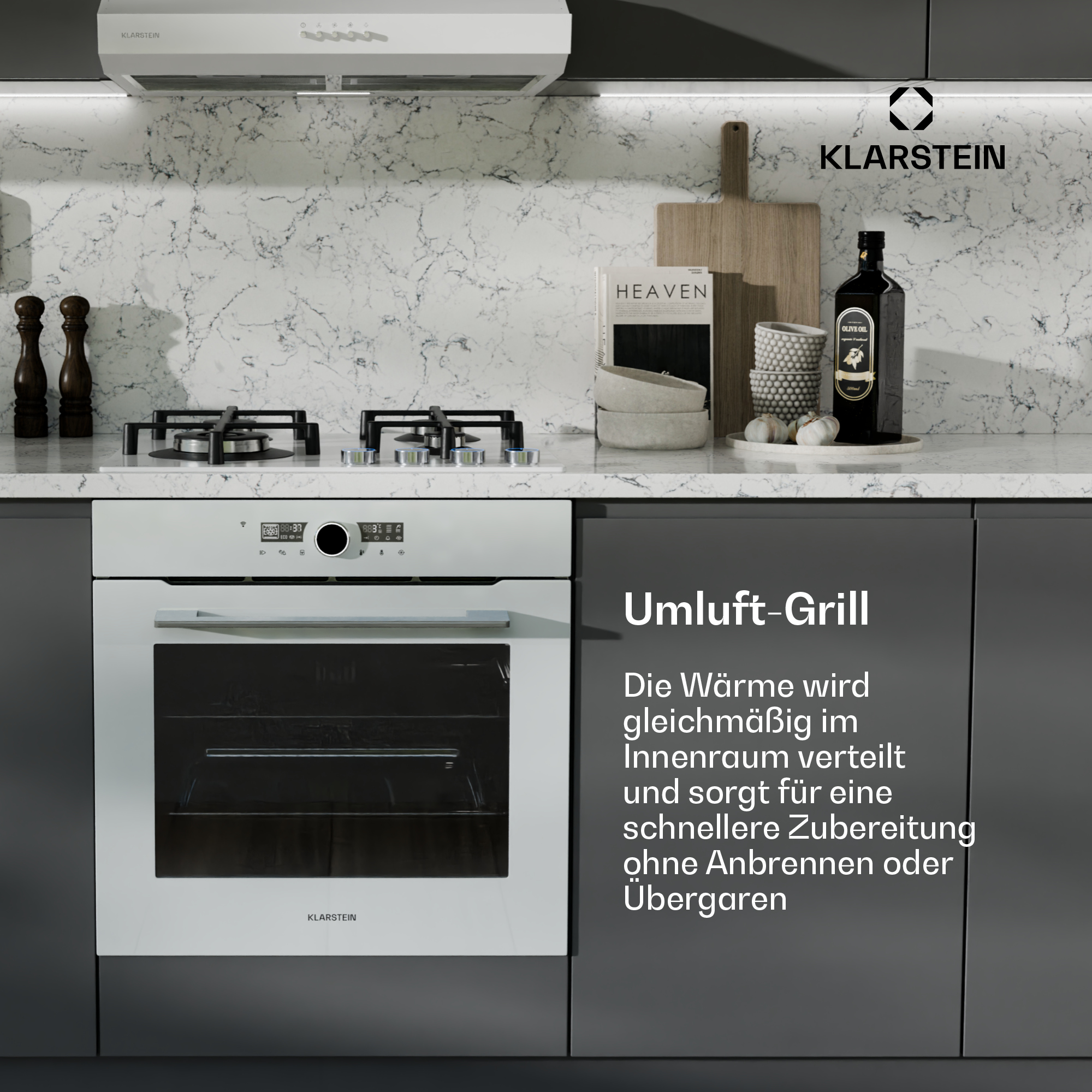 Una cucina moderna con forno bianco da incasso, piano cottura a gas e paraschizzi in marmo.