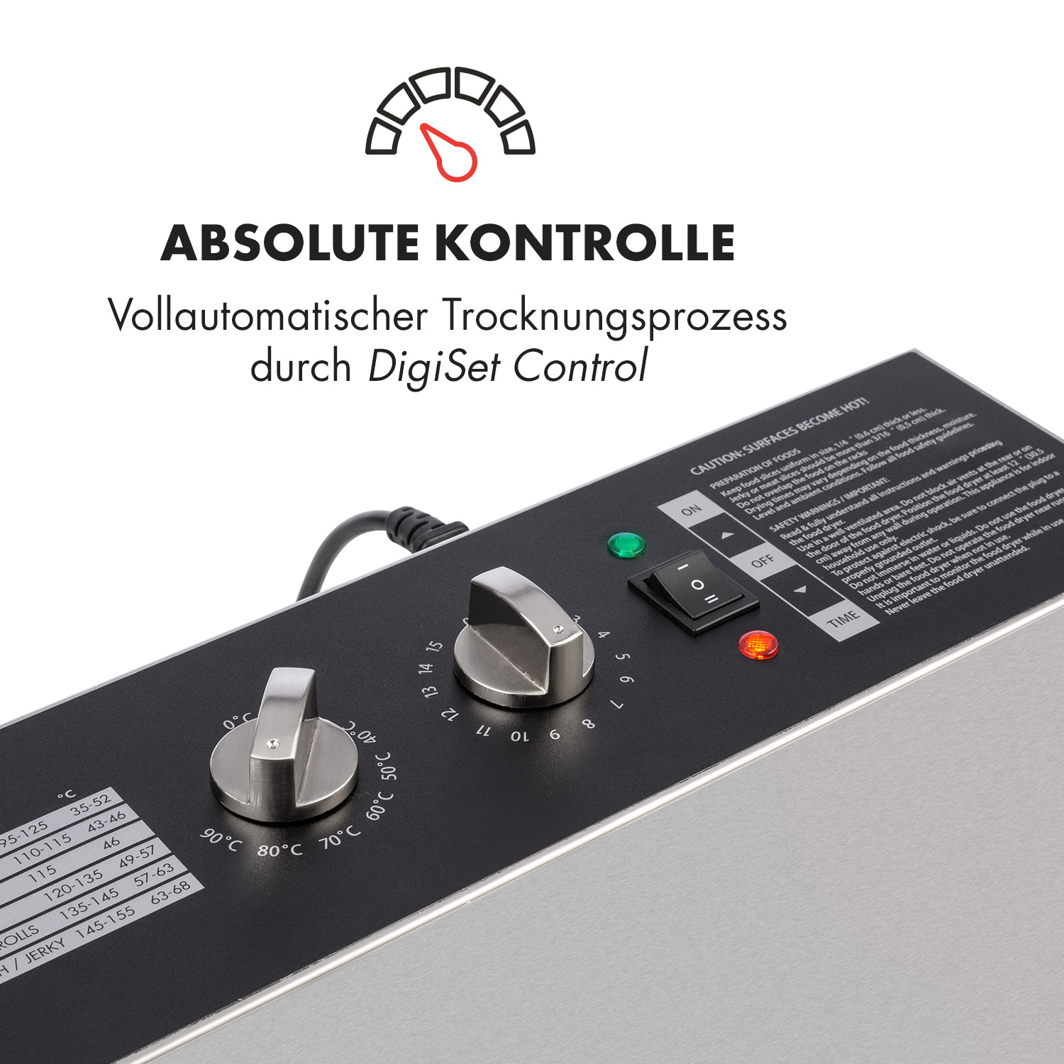 Pannello di controllo di un essiccatore con manopole e interruttore di accensione.