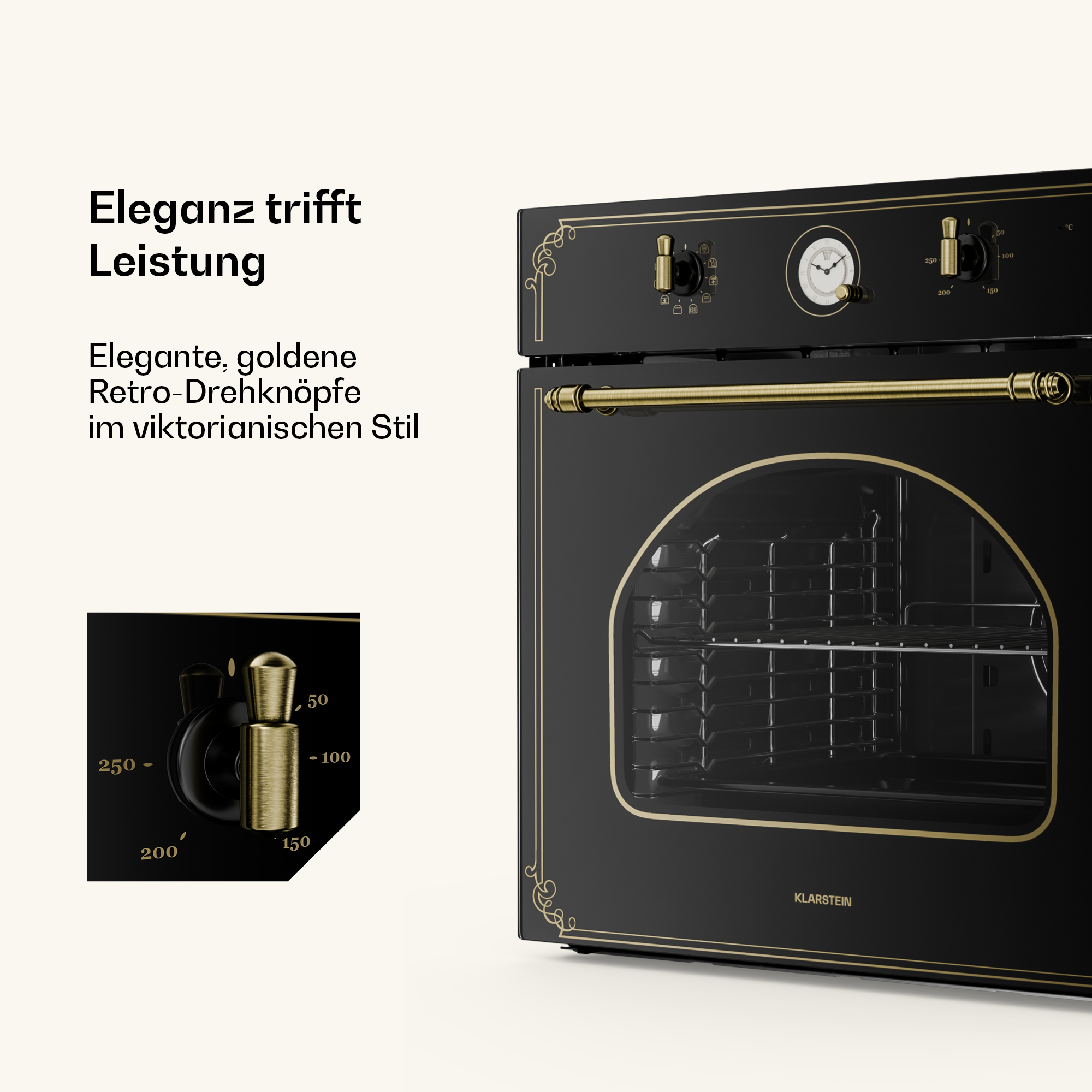 Forno retro nero con dettagli dorati, manopole rotative, un quadrante centrale e un'ampia finestra ad arco.