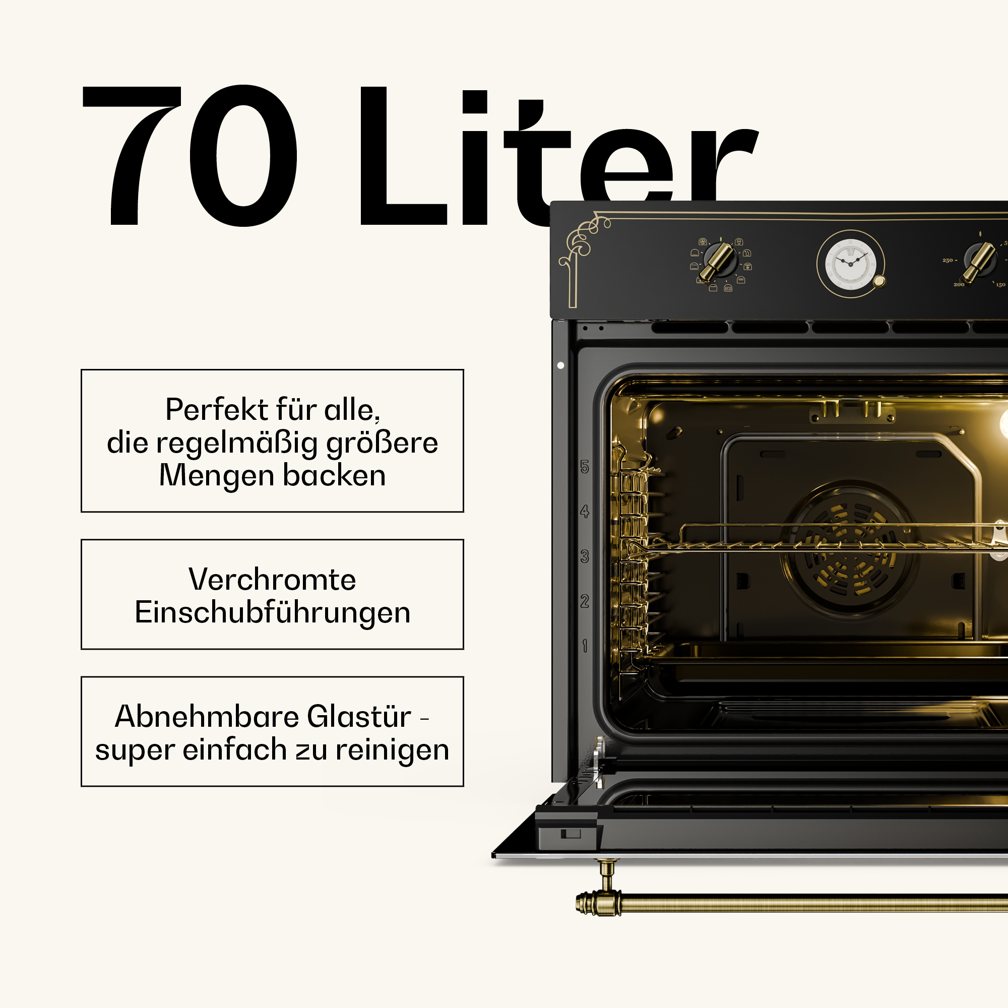 Forno nero con capacità di 70 litri, guide cromate e porta in vetro rimovibile.