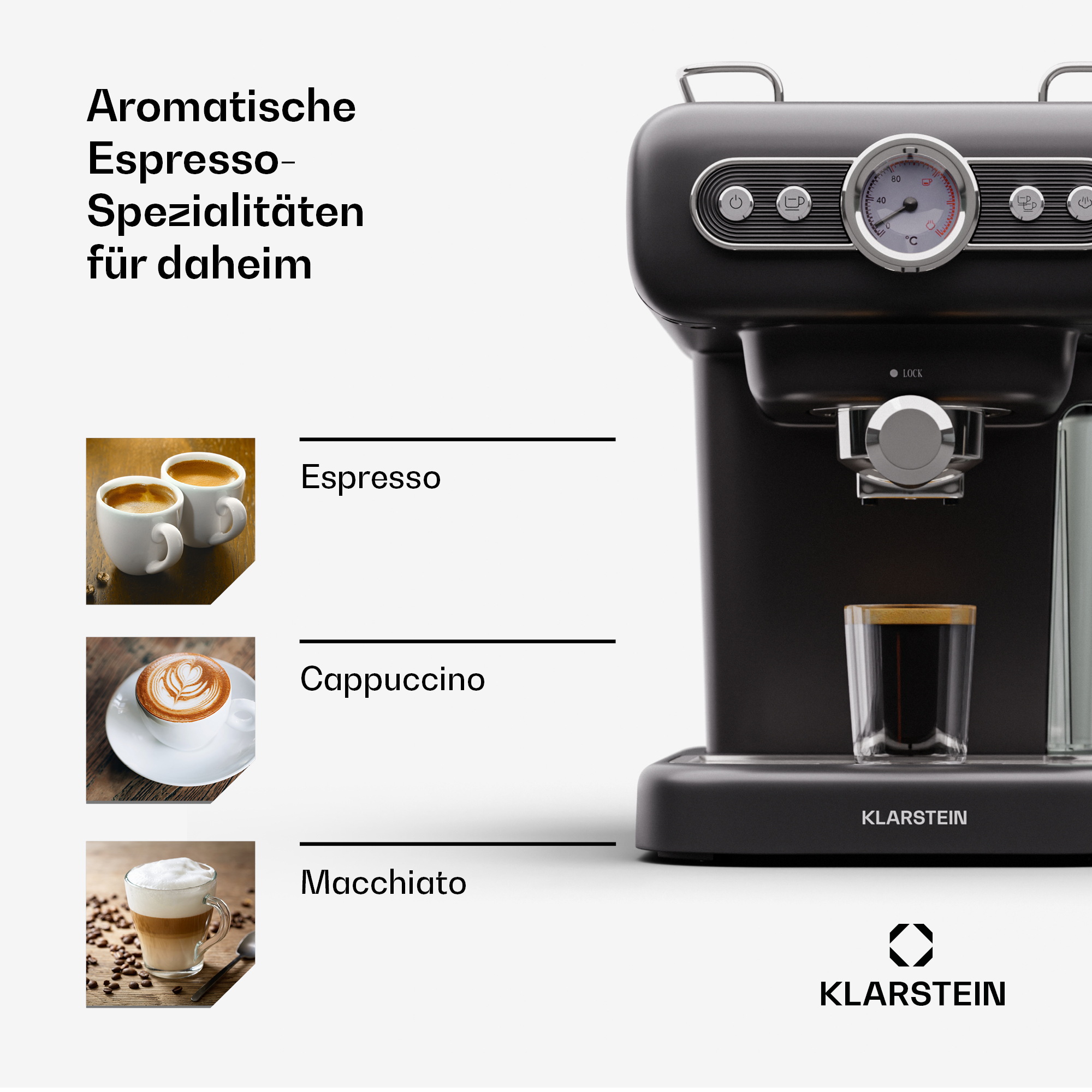 Macchina da caffè espresso nera Klarstein con manometro e tre esempi a sinistra.