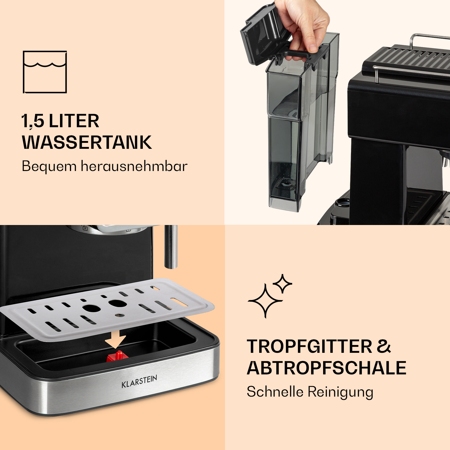 Klarstein Kaffeemaschine mit abnehmbarem 1,5L Wassertank und leicht zu reinigender Tropfschale.