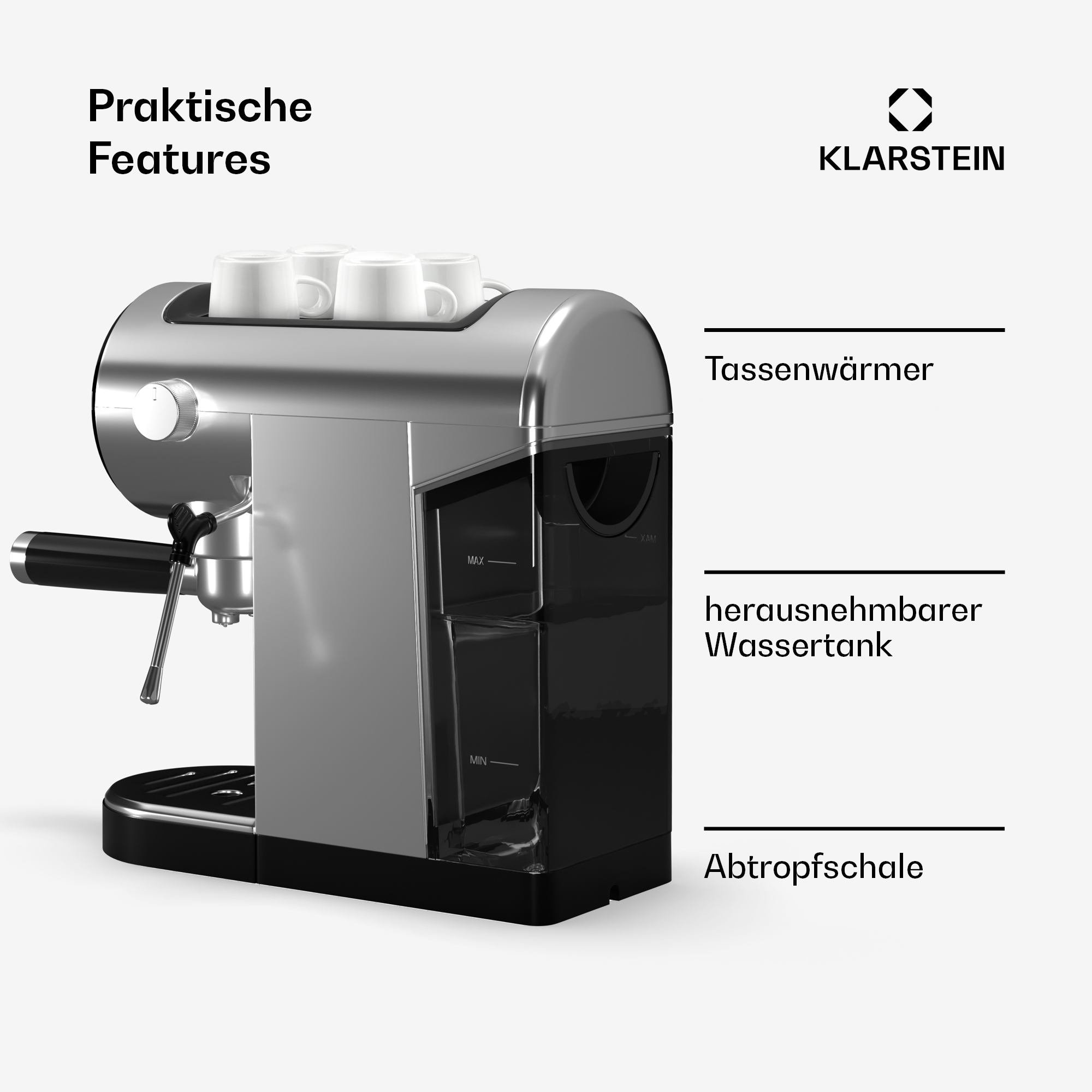 Klarstein Espresso-Maschine mit Tassenwärmer, Wassertank und Abtropfschale auf weißem Hintergrund.