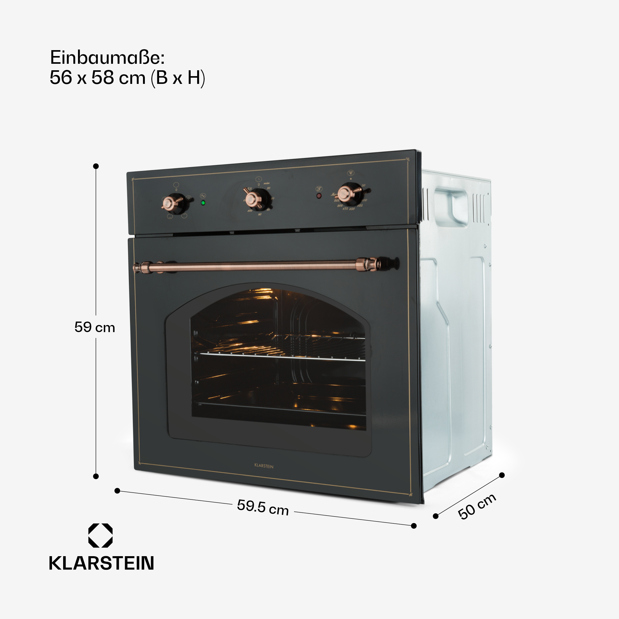 Forno da incasso nero Klarstein con dettagli in oro rosa e dimensioni.