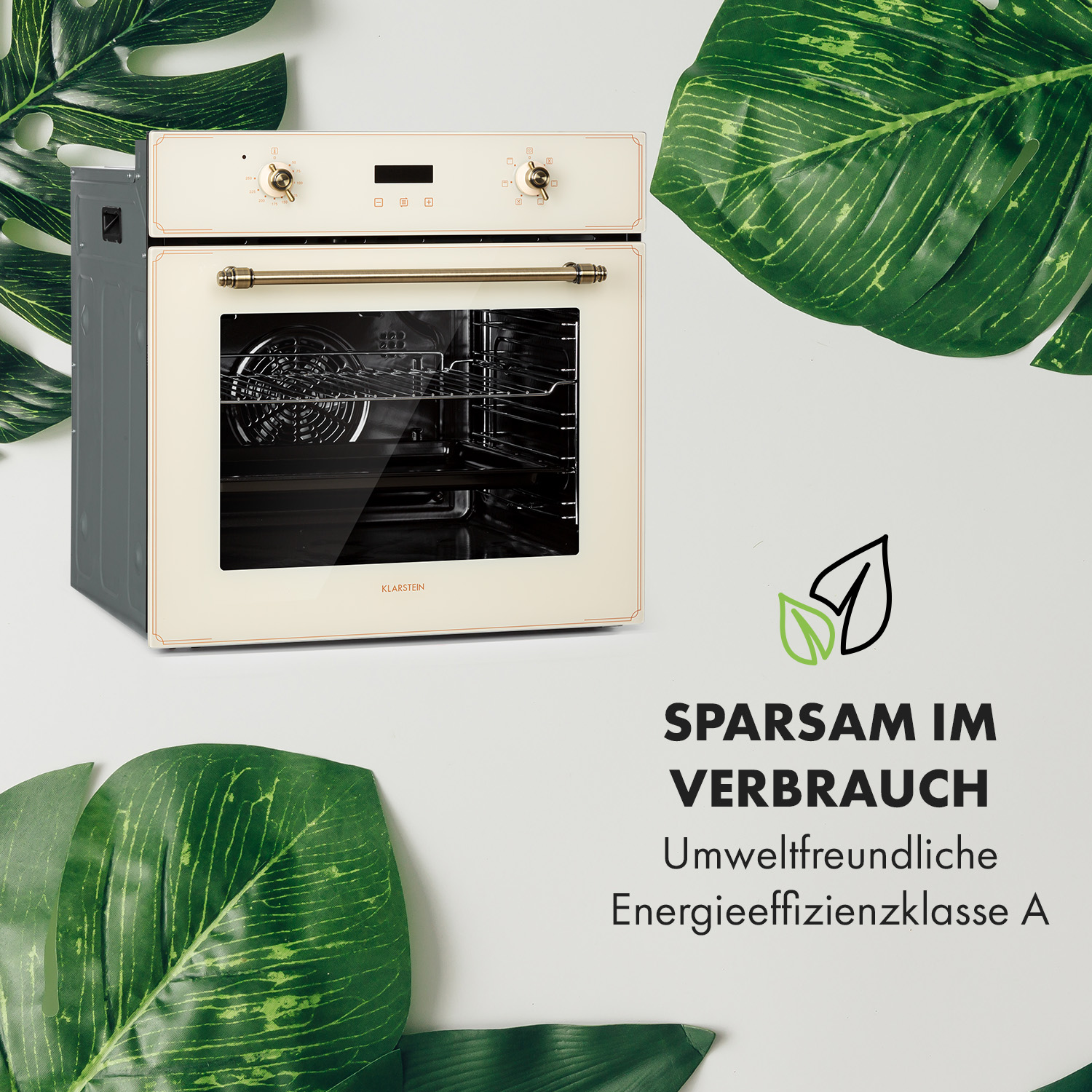 Un forno retro color crema circondato da foglie verdi e testo sull'efficienza energetica.
