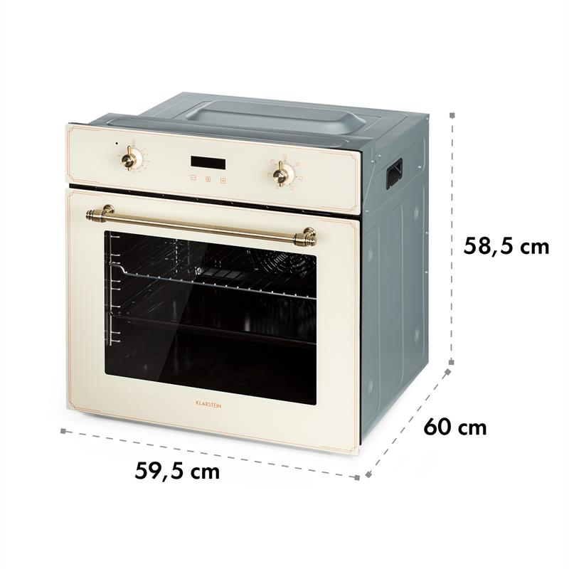 Forno da incasso beige e grigio con dimensioni di 59,5 x 58,5 x 60 cm.