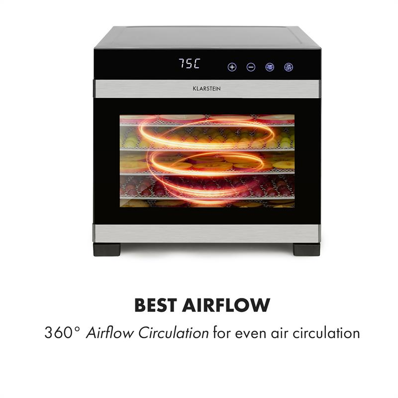 Essiccatore per alimenti Klarstein con display digitale e porta in vetro con frutta secca.