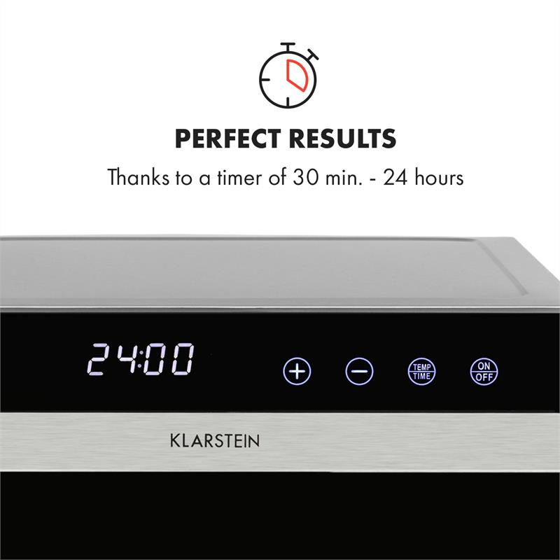 Pannello di controllo con display che mostra 24:00, pulsanti più, meno, temp/tempo e on/off.