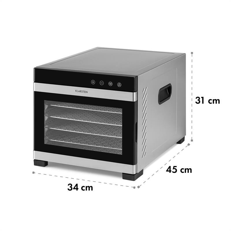 Essiccatore per alimenti Klarstein con corpo argentato, porta in vetro e dimensioni 34x45x31 cm.