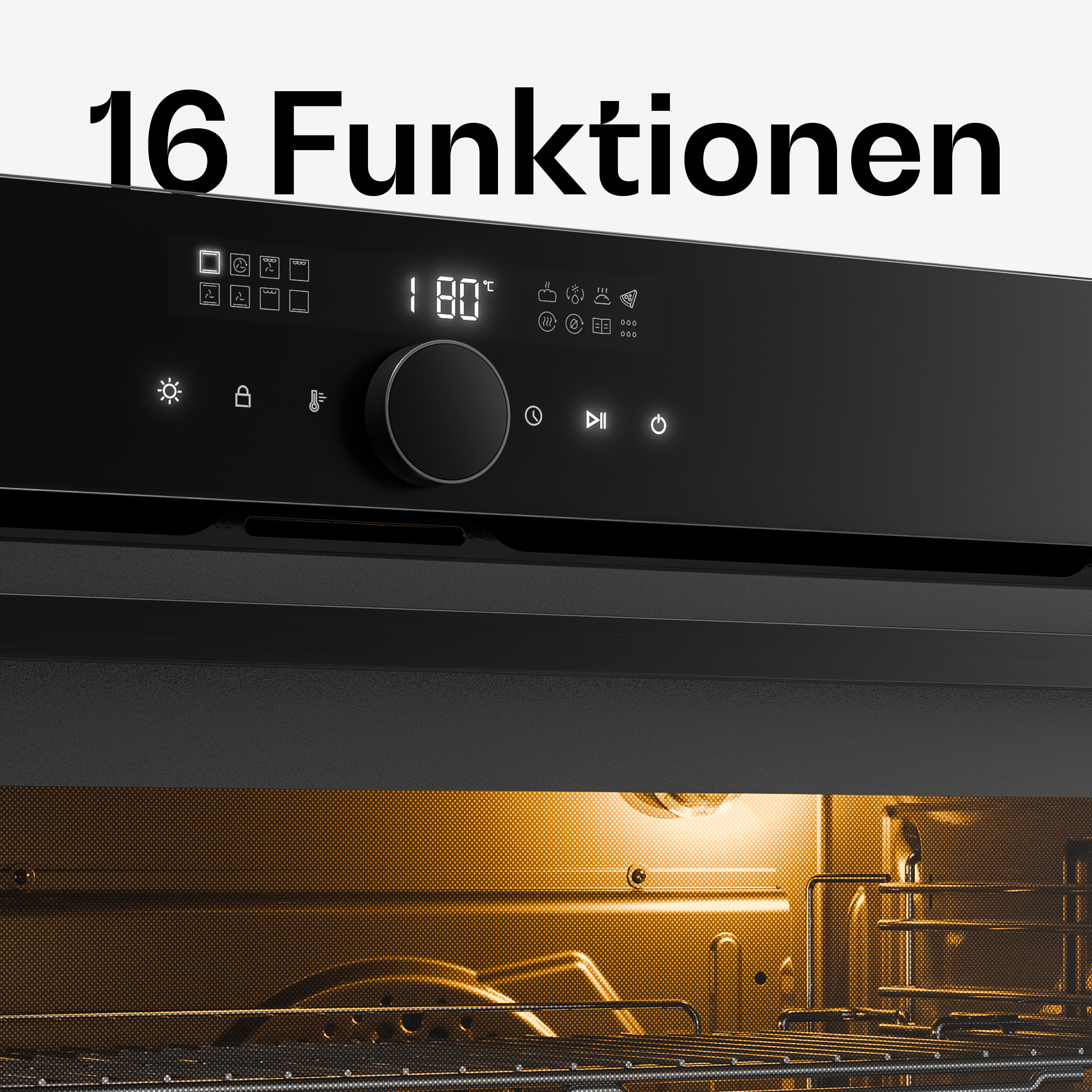 Pannello di controllo del forno nero con display digitale, manopola e interno illuminato.
