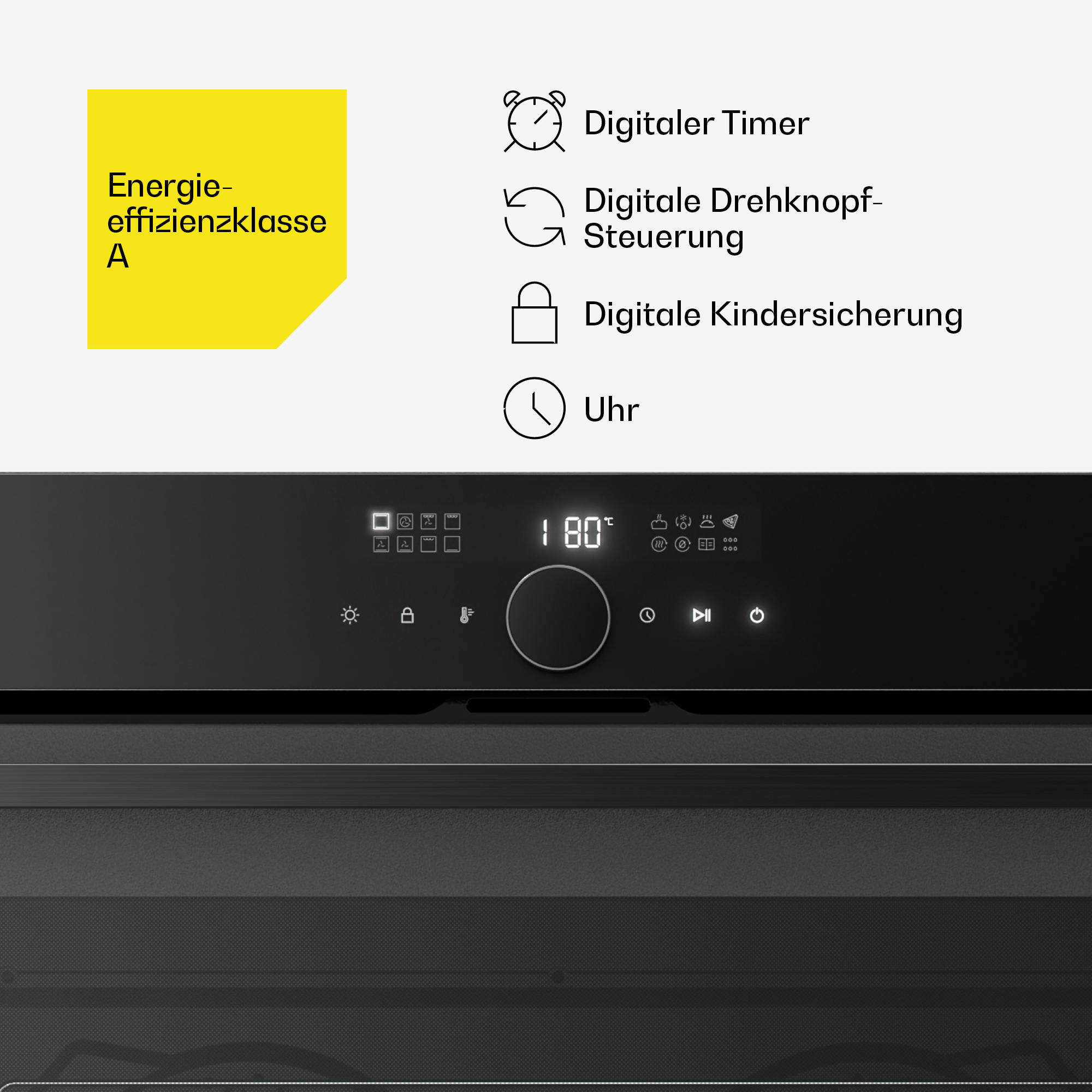 Caratteristiche del forno: classe energetica A, timer digitale, controllo rotativo, blocco bambini e orologio.