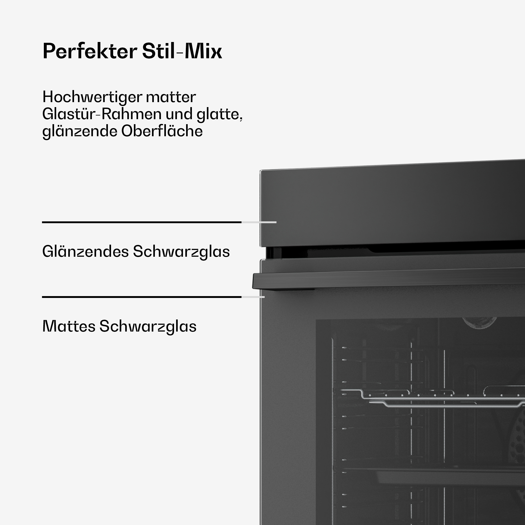 Primo piano di un forno nero con dettagli in vetro lucido e opaco e testo esplicativo a sinistra.