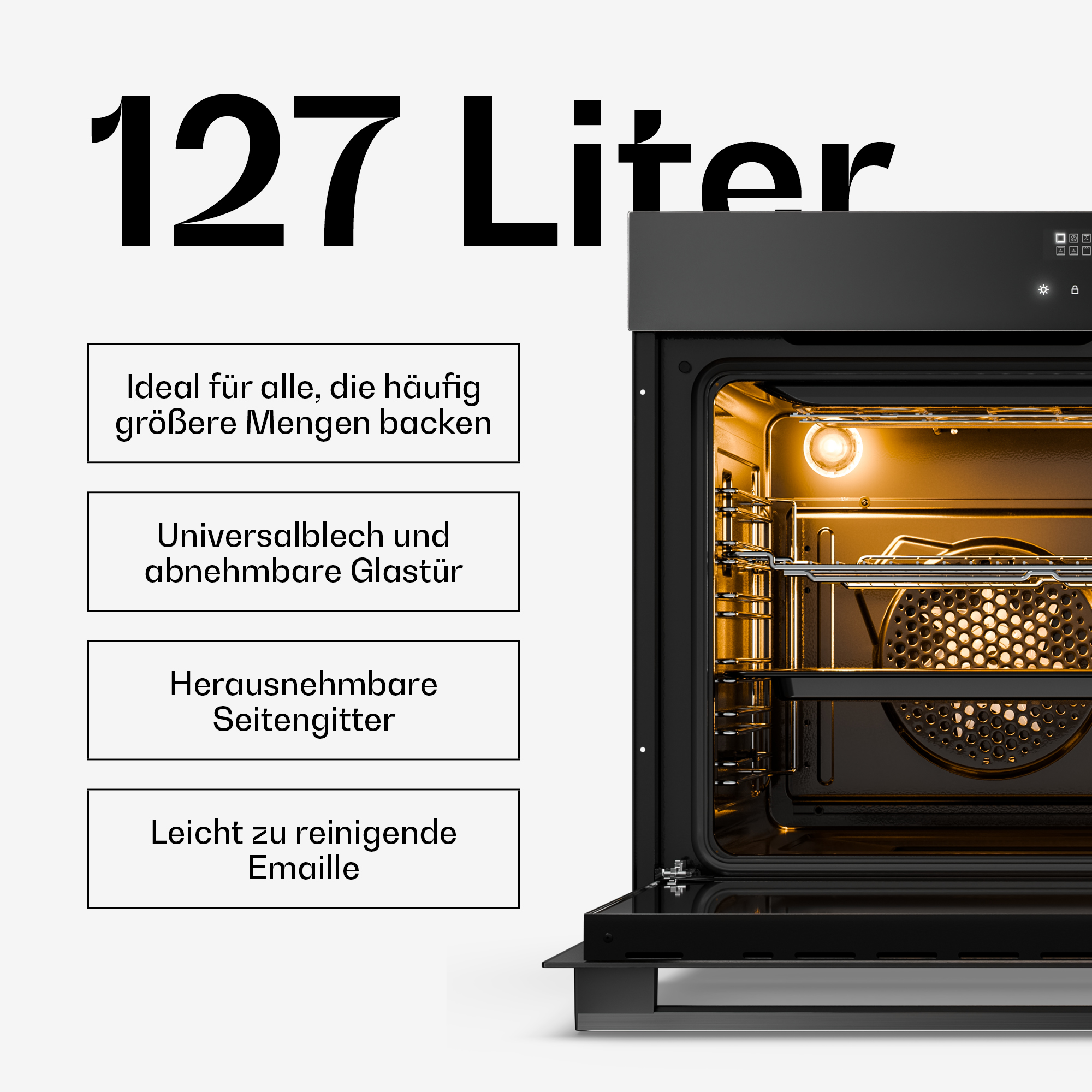Forno nero con capacità di 127 litri e riquadri di testo con caratteristiche.