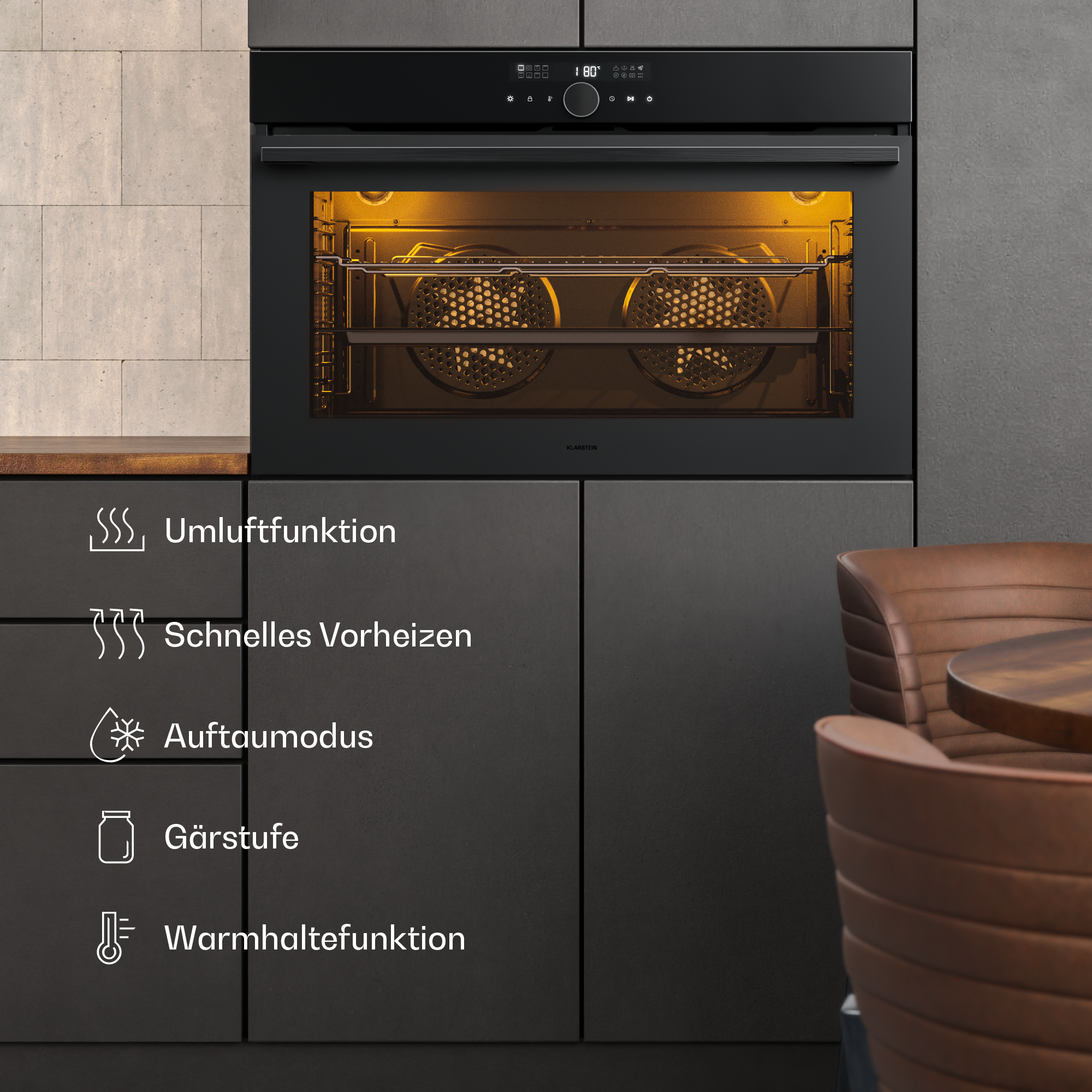 Un forno da incasso nero con interno illuminato e testo che elenca cinque funzioni in tedesco.