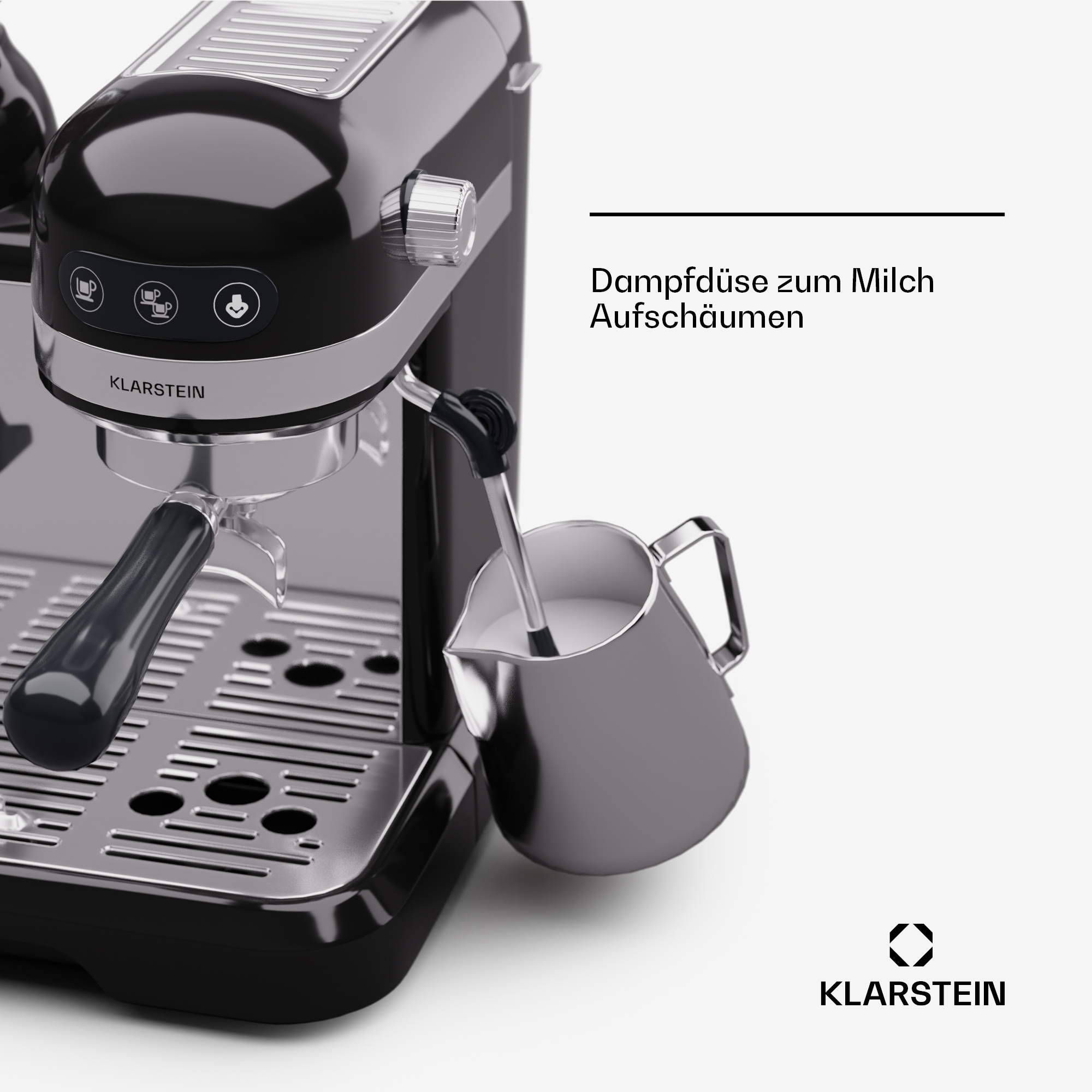 Macchina da caffè espresso nera Klarstein con lancia vapore e bricco del latte.