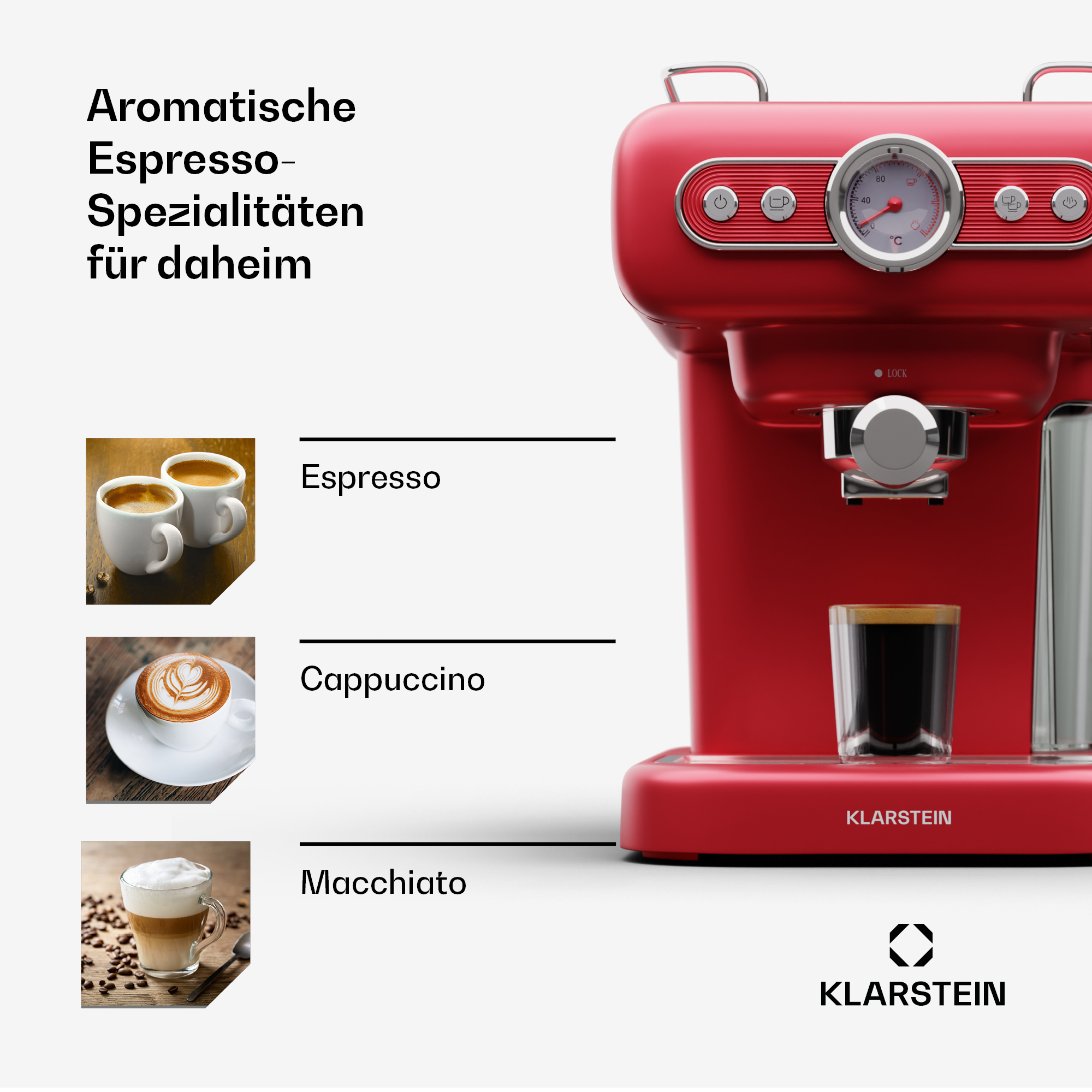 Una macchina da caffè espresso Klarstein rossa accanto a testo e immagini di espresso, cappuccino e macchiato.