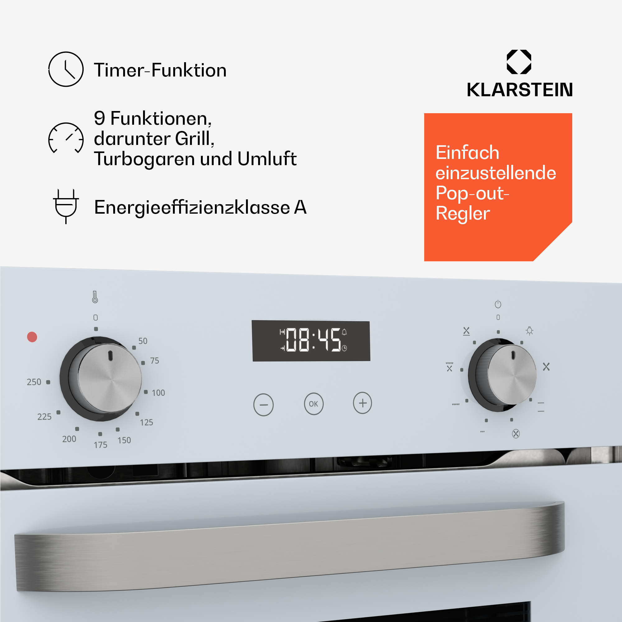 Forno bianco Klarstein con due manopole argento, orologio digitale e testo che evidenzia le funzioni.