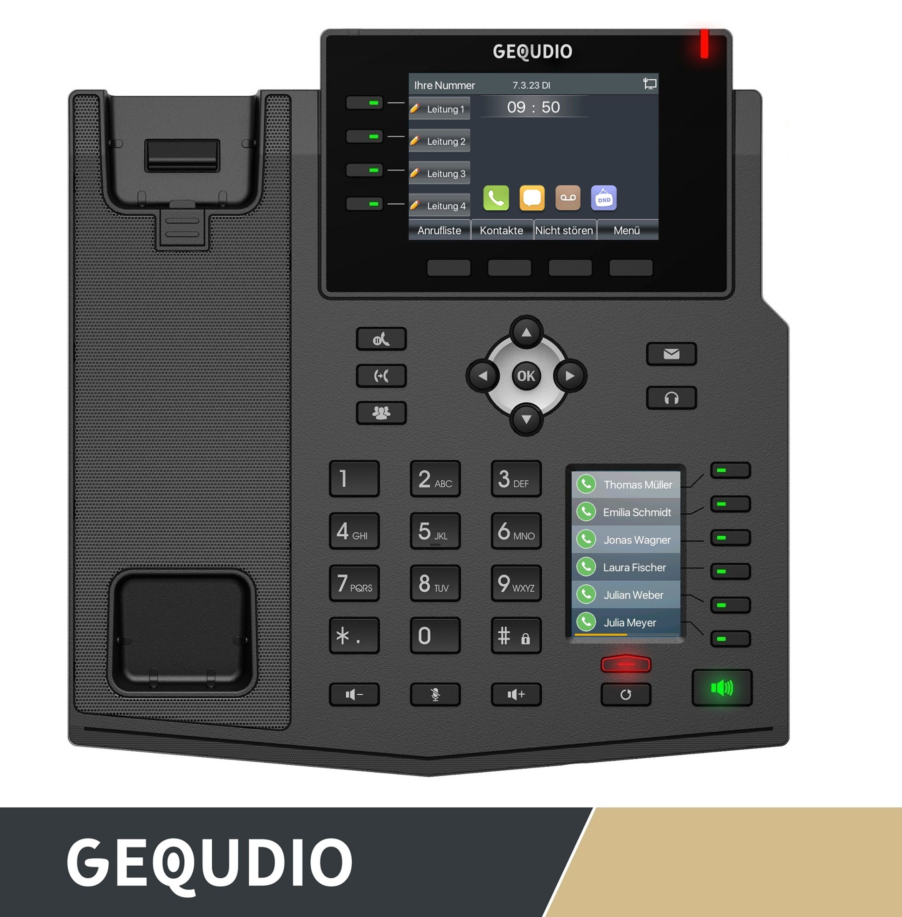 Un telefono IP nero con display, tastierino numerico e pulsanti funzione su superficie scura.