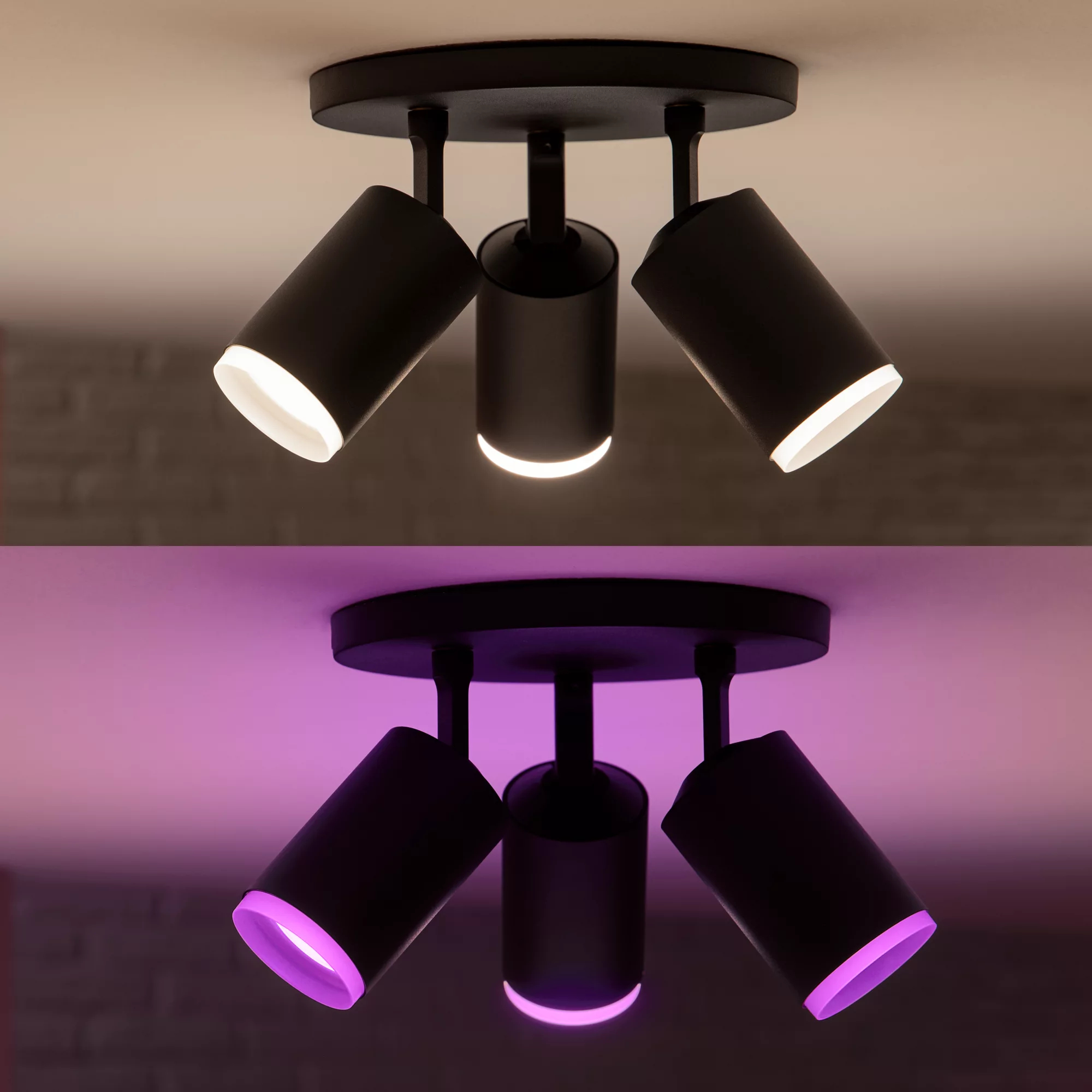 Un plafonnier noir avec trois spots réglables émettant une lumière blanche chaude et violette.