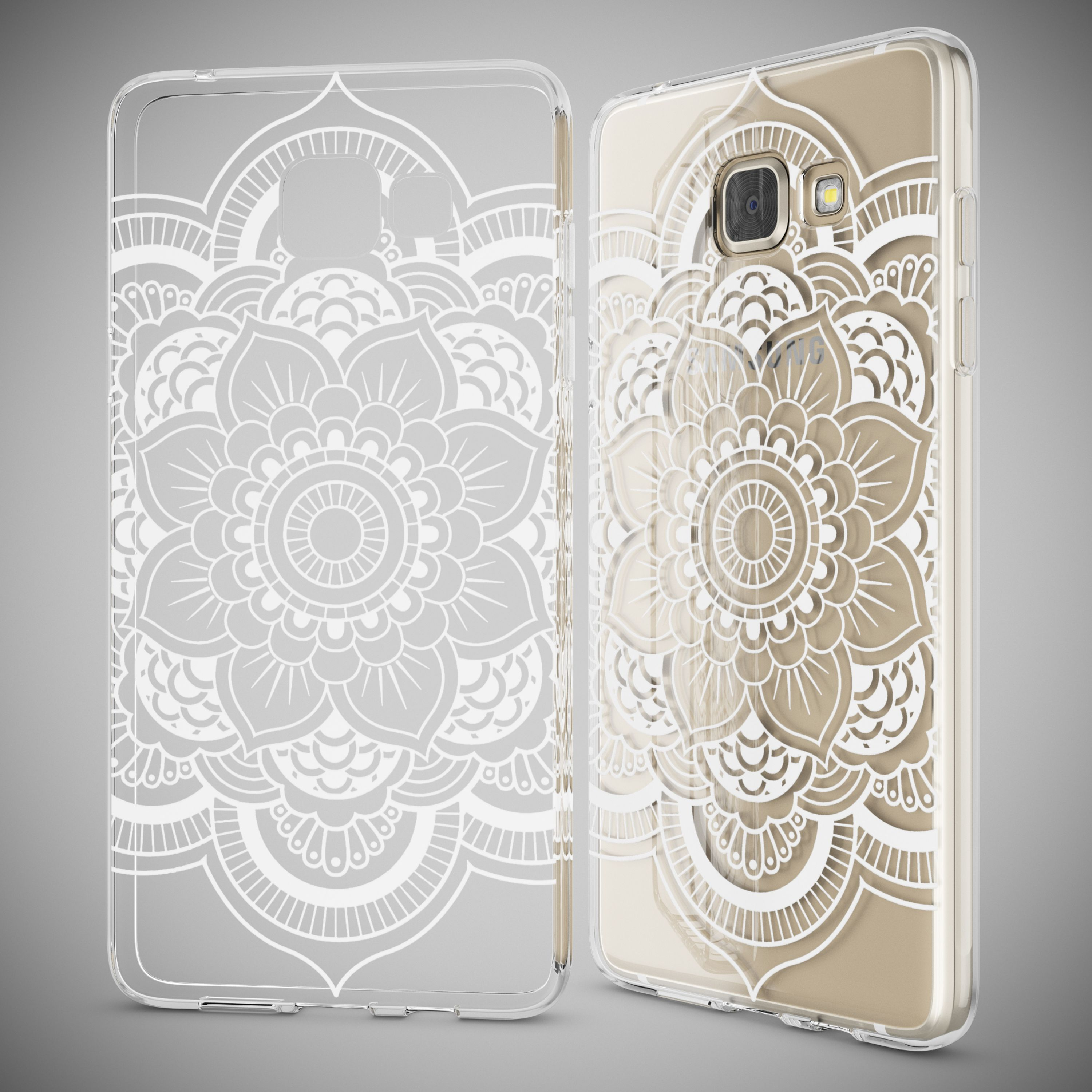 Eine transparente Handyschale mit weißem Mandala-Muster neben einem Smartphone in dieser Hülle.