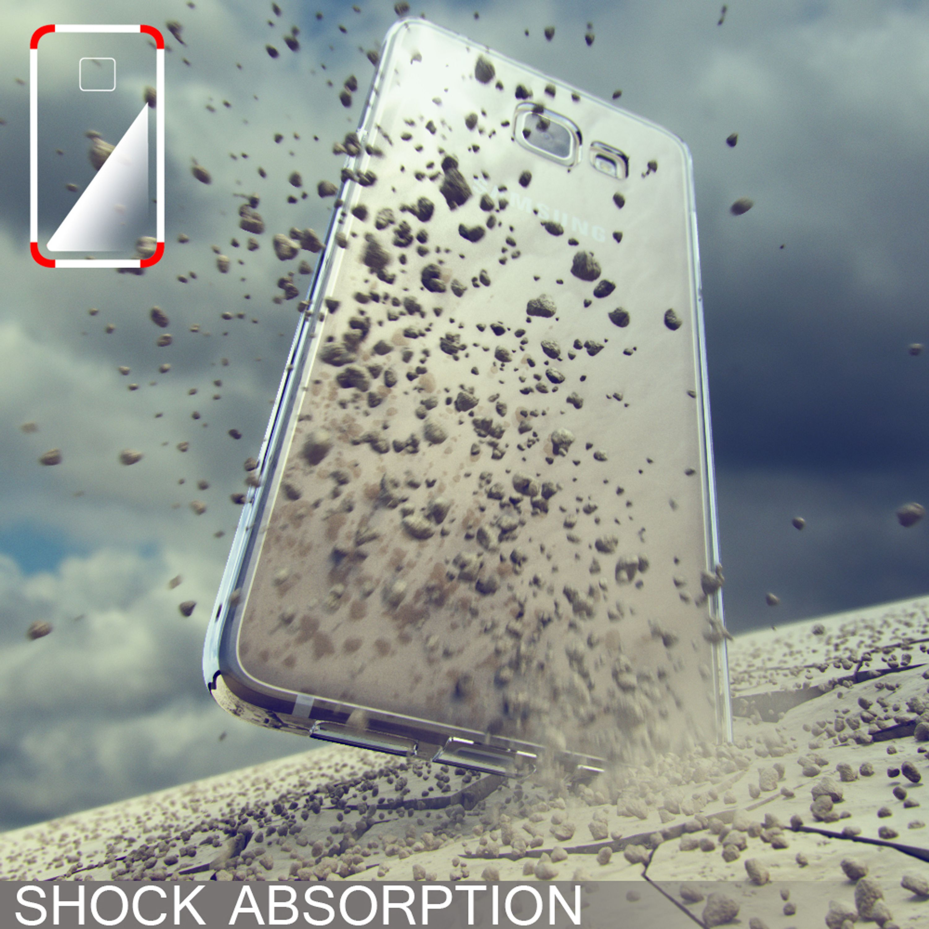 Ein Smartphone mit Klarsichthülle schlägt auf den Boden auf, wobei Steine herumwirbeln, Text lautet: SCHOCKABSORPTION.
