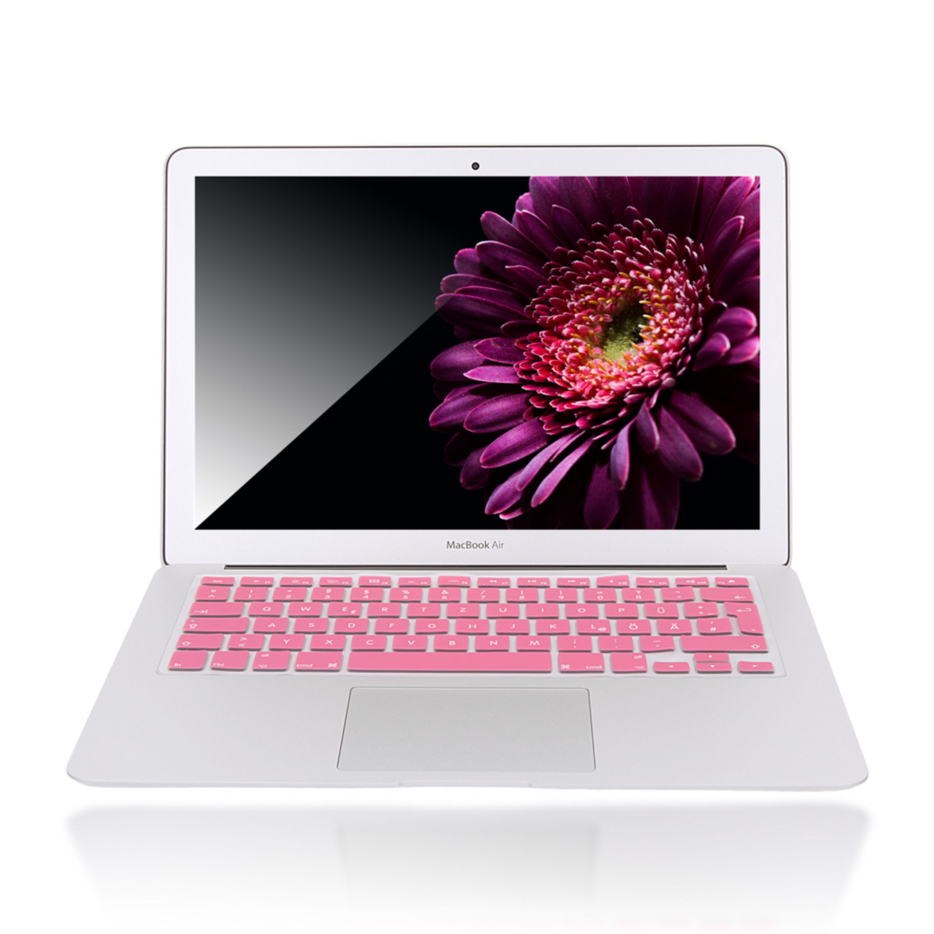 Ein silberner Laptop mit rosafarbener Tastatur und einem Display, das eine purpurrote Blume zeigt.