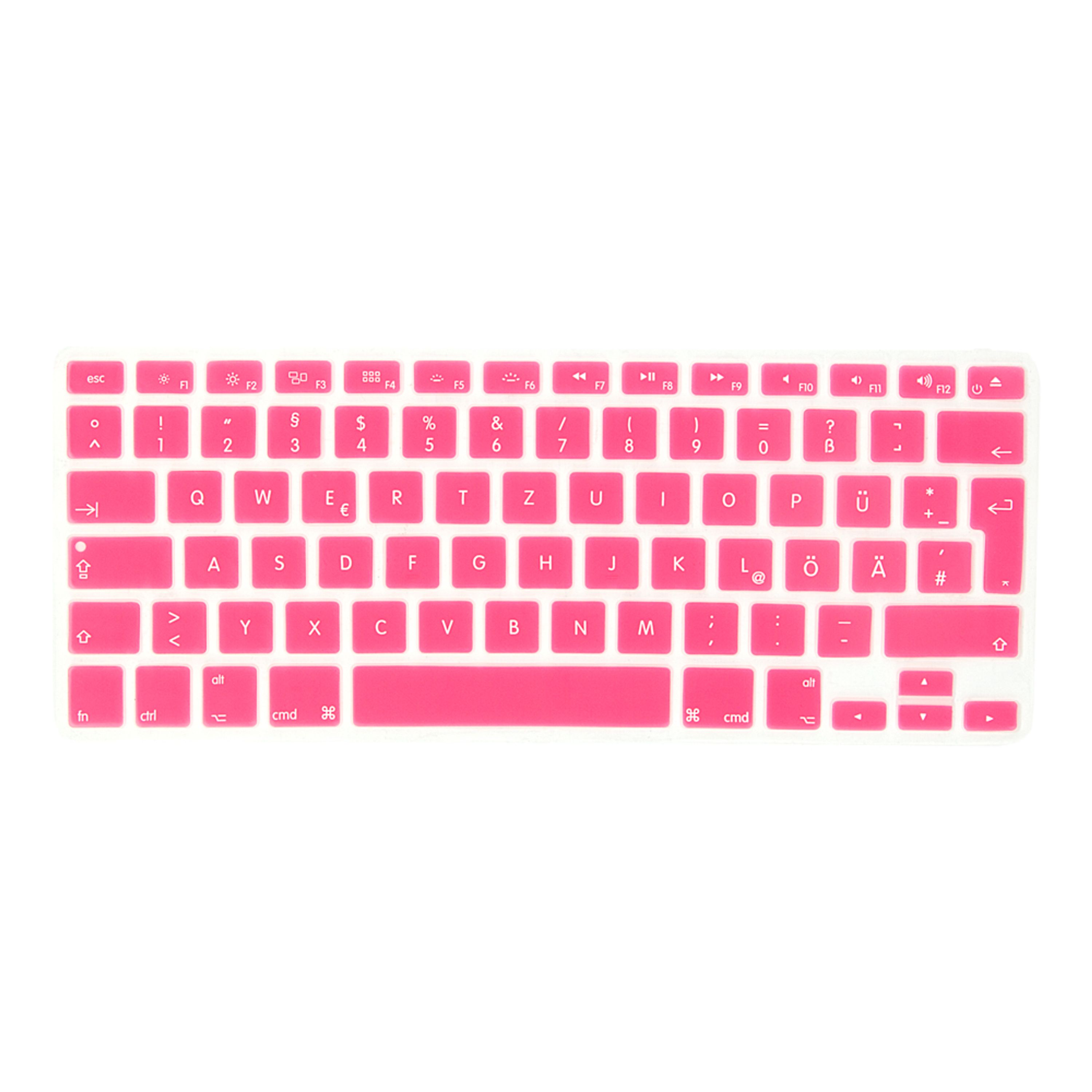 Eine rosa Silikon-Tastaturabdeckung mit QWERTZ-Layout liegt vor einem weißen Hintergrund.