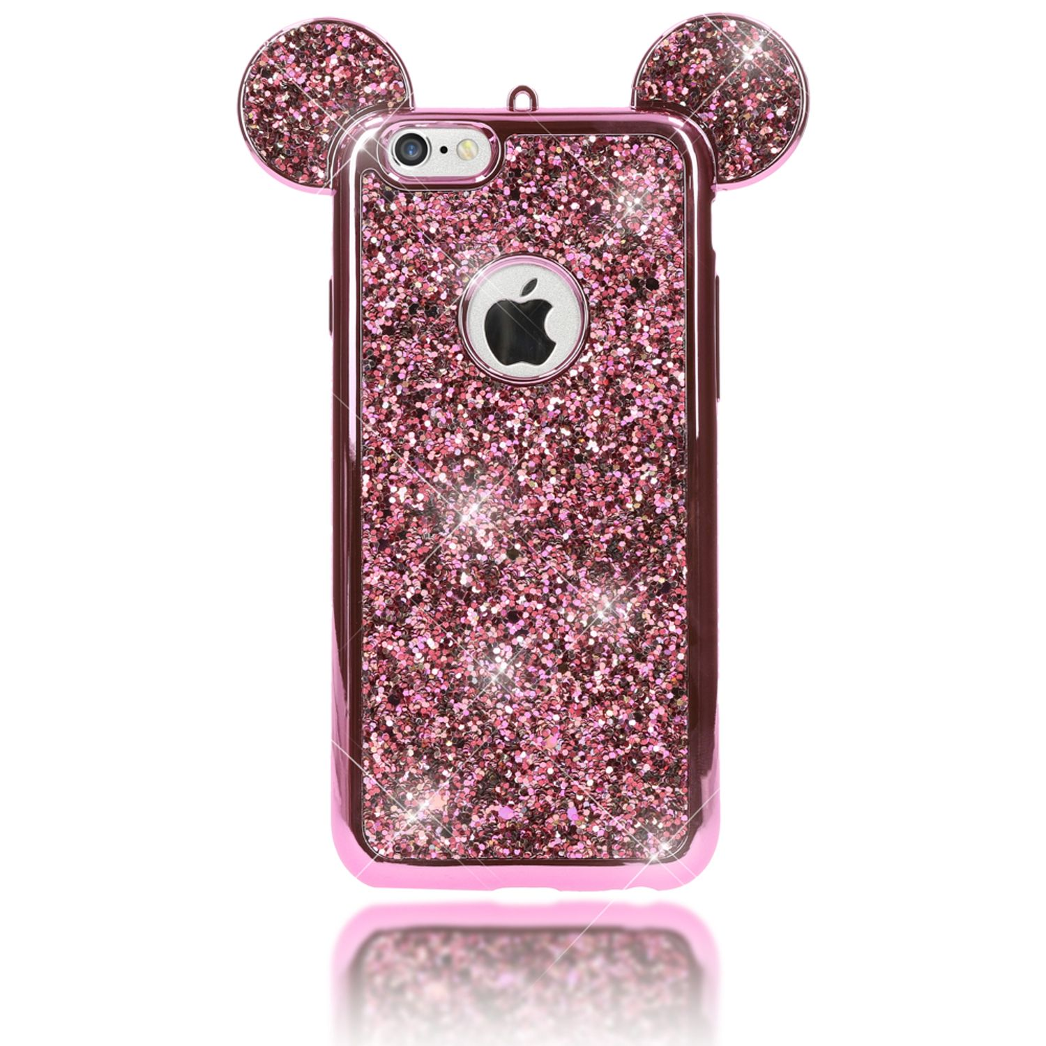 Eine glitzernde pinke Handyhülle mit Mausohren und Apfellogo auf einer weißen Oberfläche.